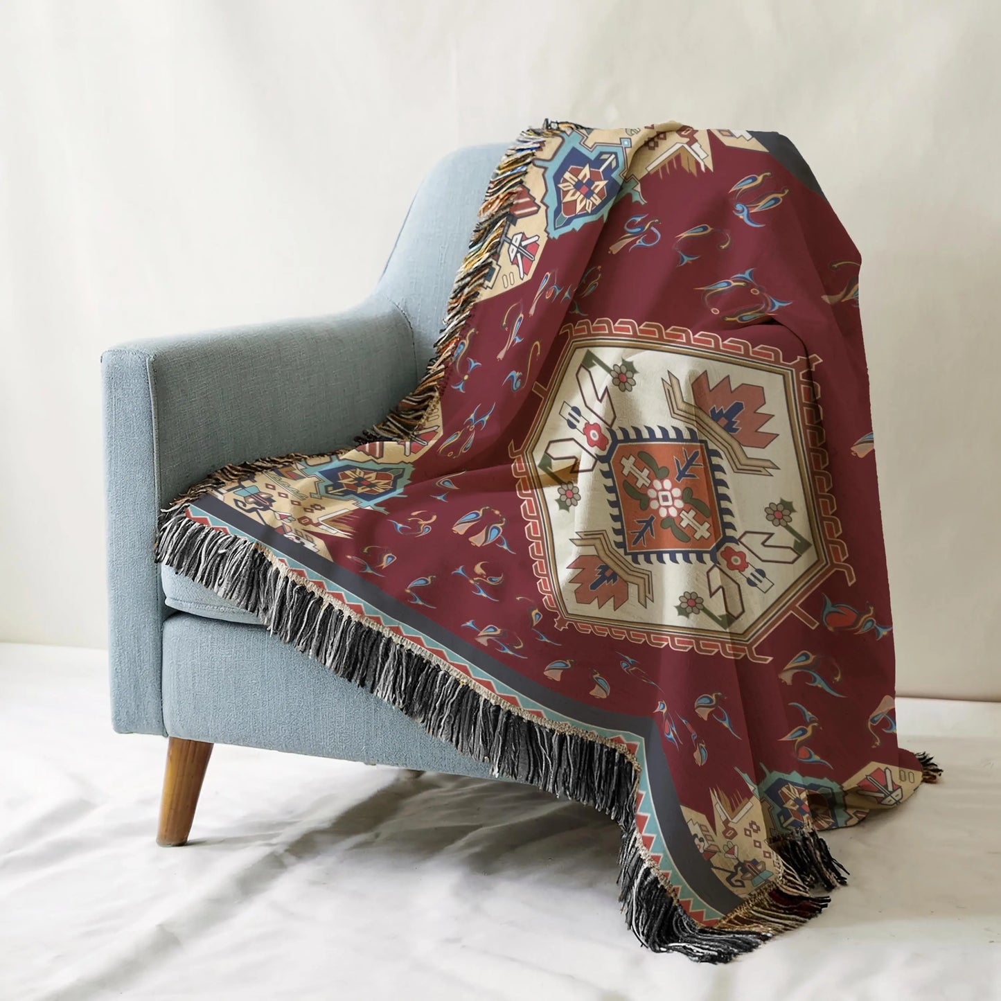 Anatolian Throw Blanket – Armenian Alphabet Cotton Woven Throw with Fringed Edge