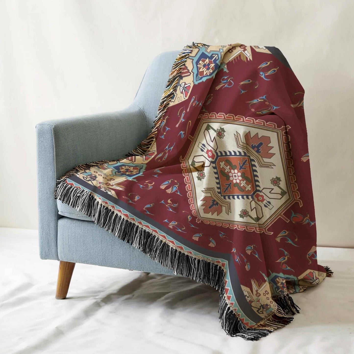 Anatolian Armenian Alphabet Throw Blanket - Cotton Woven with Fringed Edge - timelessbohochic.com