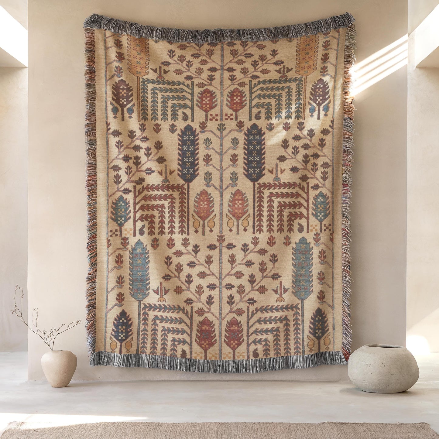 Persian Anatolian Wall Art – Woven Wall Hanging With Ear Of Wheat Symbol Decor