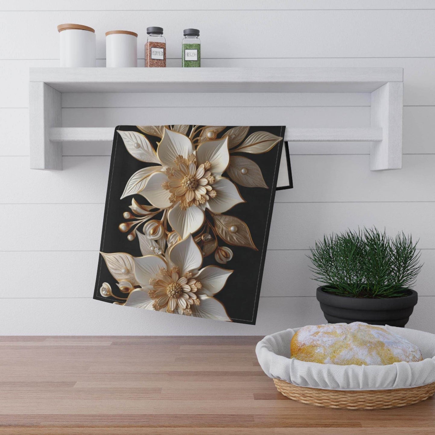 Poinsettia Tea Towel - Elegant White Gold Christmas Kitchen Decor & Holiday Gift - timelessbohochic.com