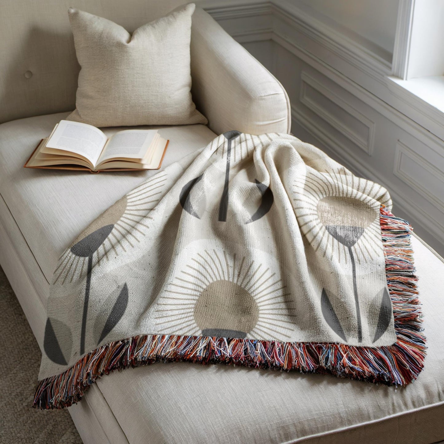 Cotton Woven Blanket - Floral Throw With Textured Fabric & Fringed Edges