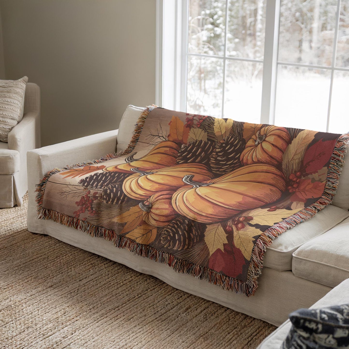 Living Room Woven Blanket, Pumpkin Fall Decor, Cute Couch Throw, Autumn Accent, Harvest Season Gift, Living-Room Decor, Gift for Nana MeeMaw
