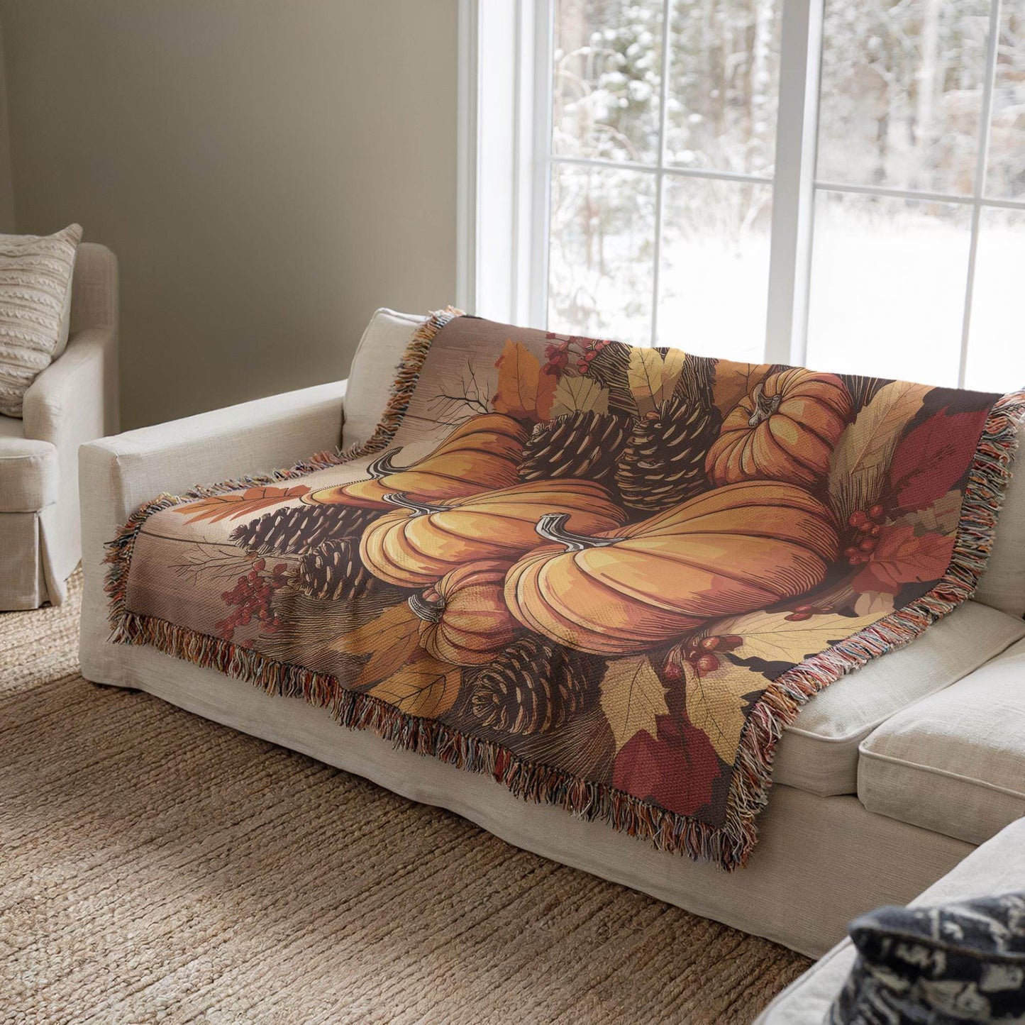Living Room Woven Blanket, Pumpkin Fall Decor, Cute Couch Throw, Autumn Accent, Harvest Season Gift, Living-Room Decor, Gift for Nana MeeMaw - timelessbohochic.com