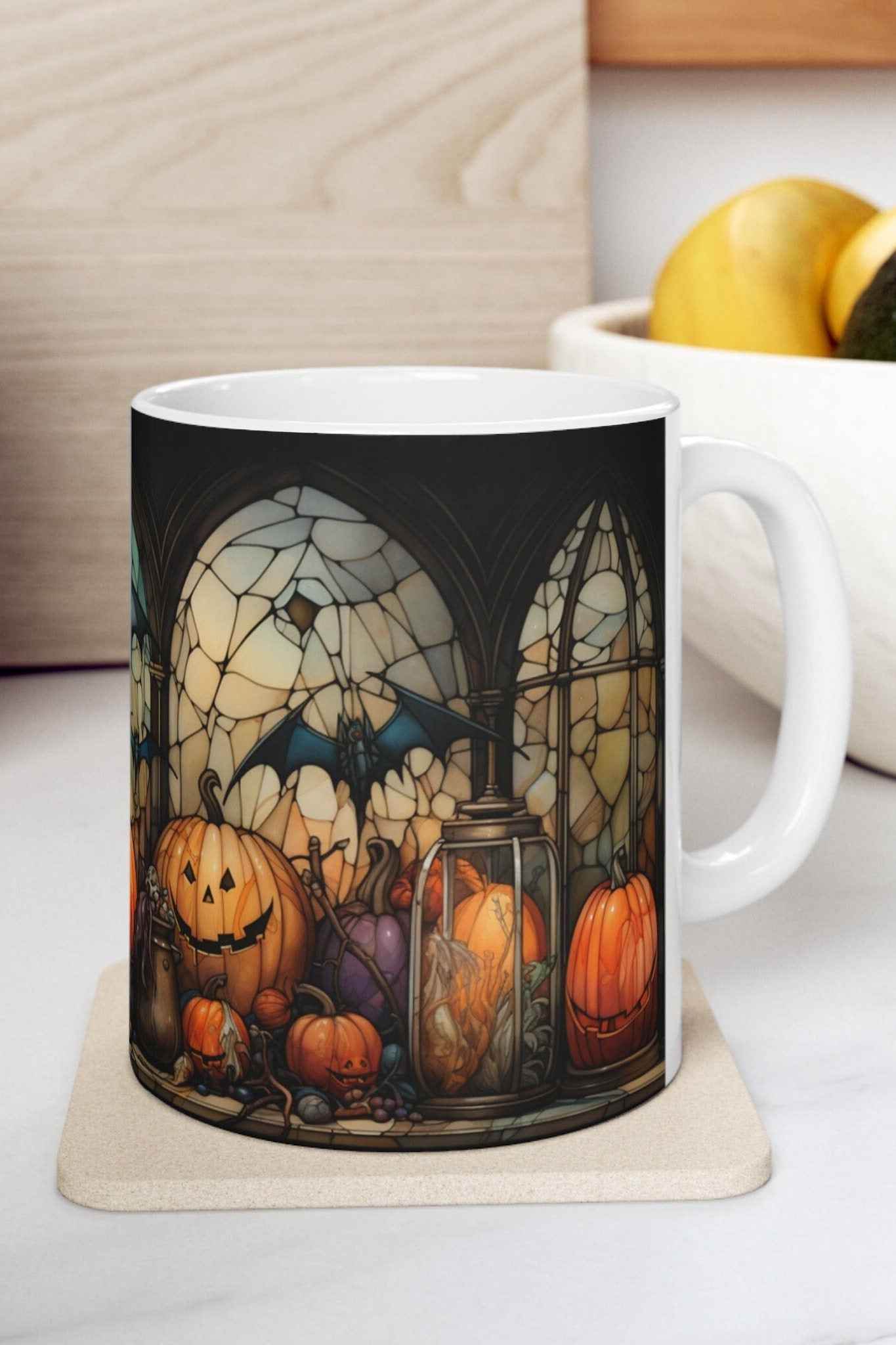 Halloween Coffee Mug - Cute Pumpkin Stained Glass Ceramic, 11oz Dishwasher Safe - timelessbohochic.com