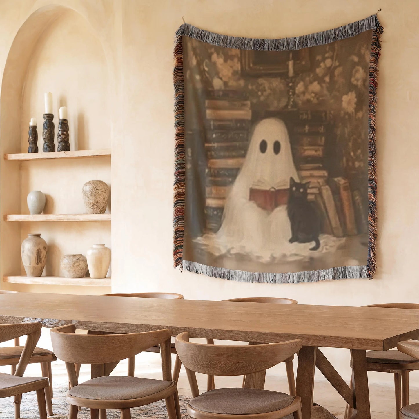 Ghost Cat Blanket – Cozy Throw With Cute Ghost Design | Warm Cotton Woven Blanket