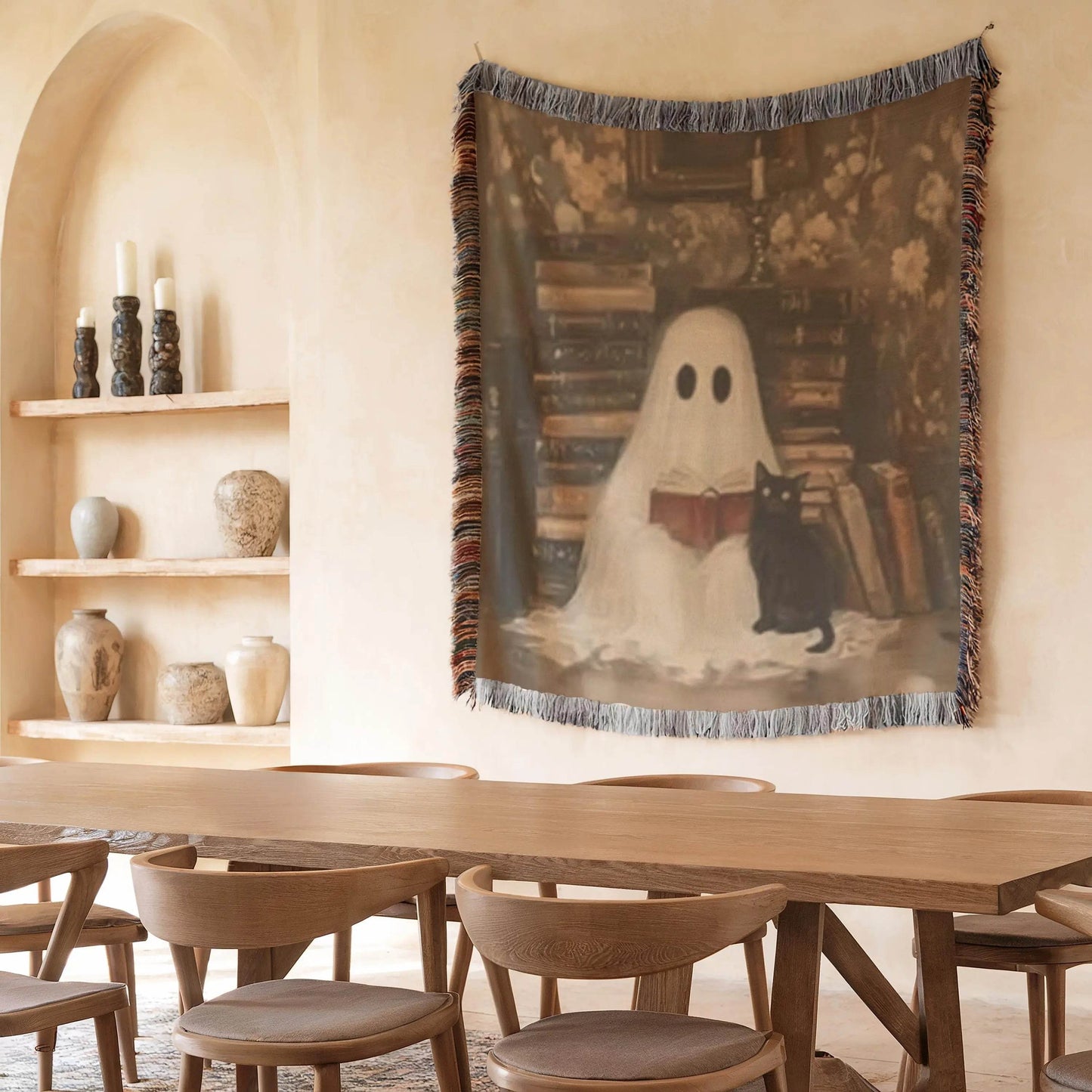 Ghost Cat Blanket – Cozy Throw With Cute Ghost Design | Warm Cotton Woven Blanket - timelessbohochic.com