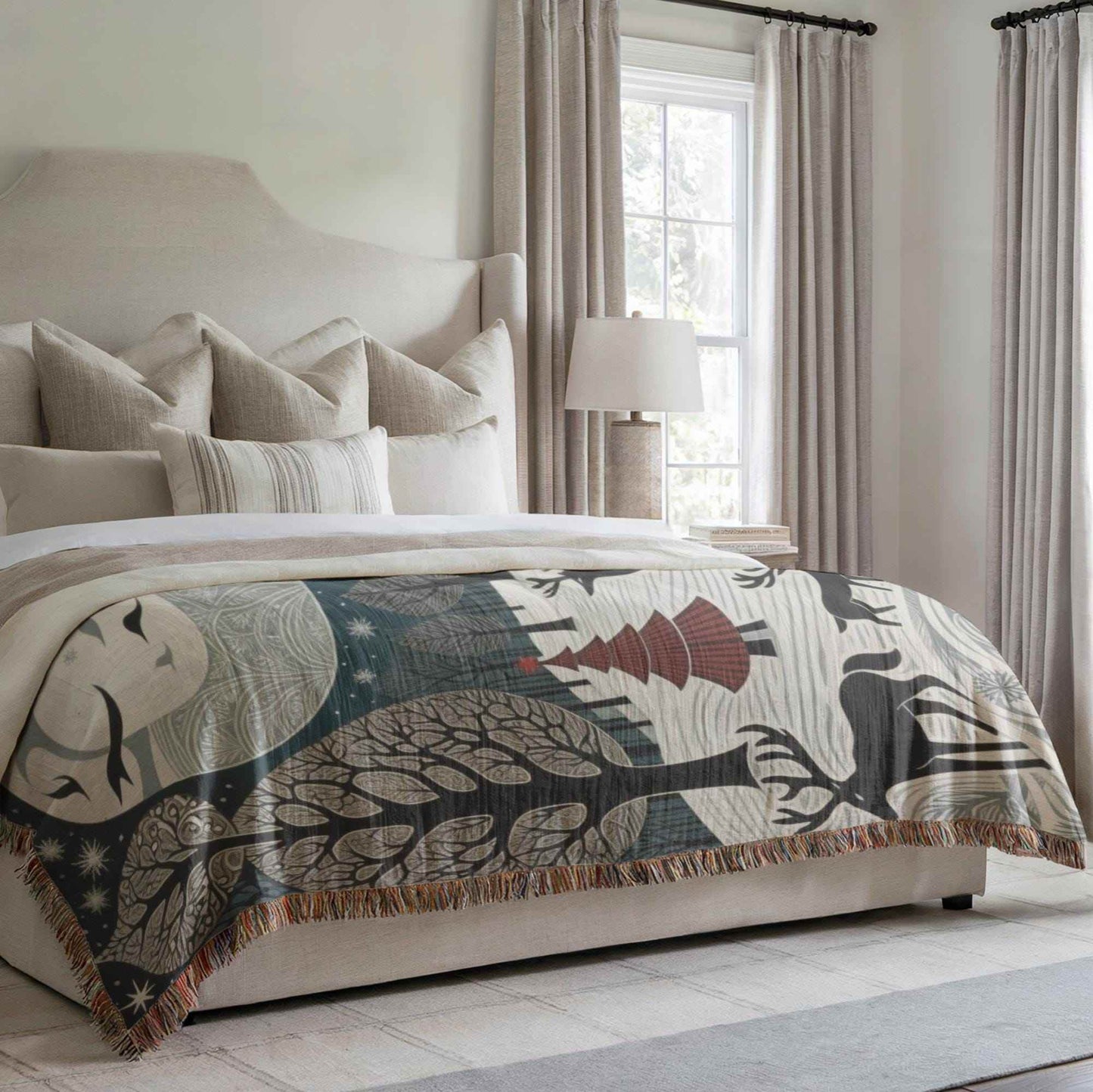 Christmas Bed Throw - Cozy Woven Cotton Blanket With Reindeer Gift - timelessbohochic.com