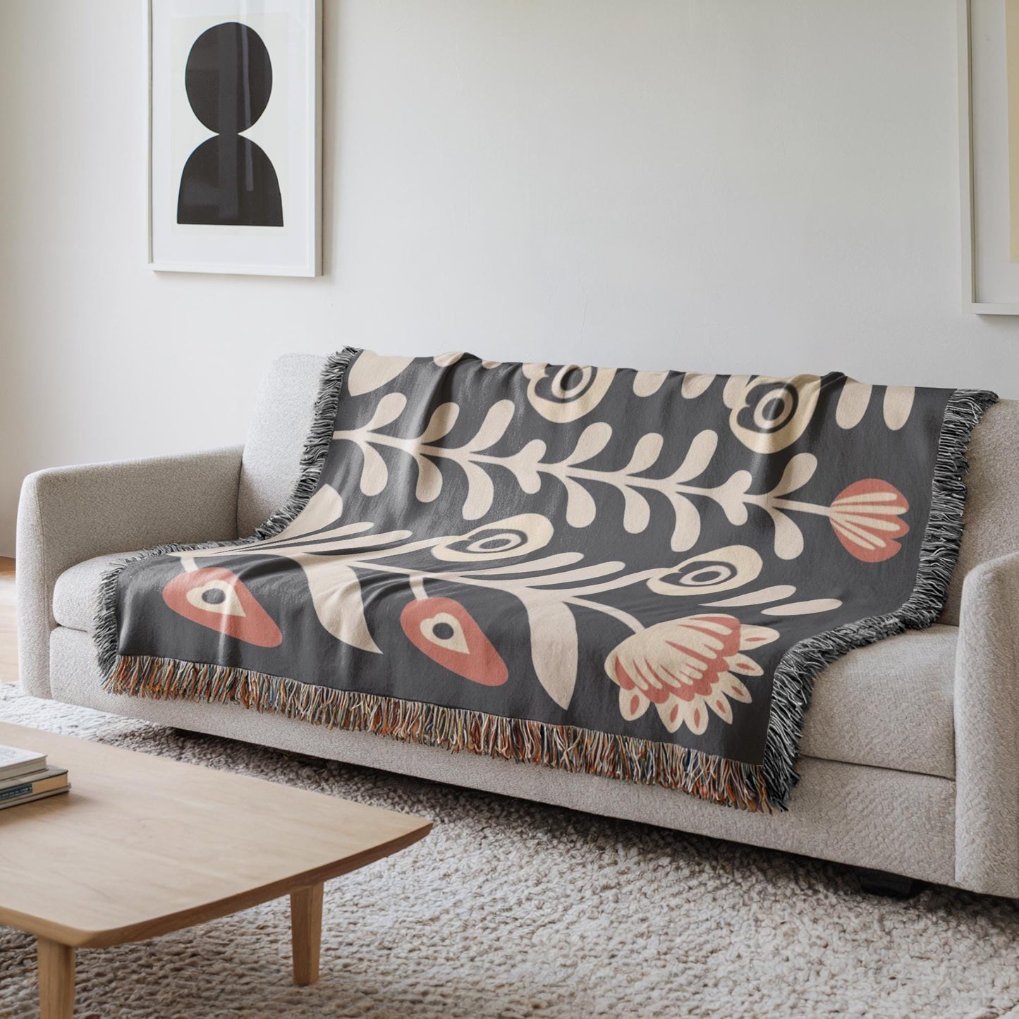 Floral Bouquet Blanket - Matisse Inspired Cotton Woven Throw with Colorful Fringed Edges