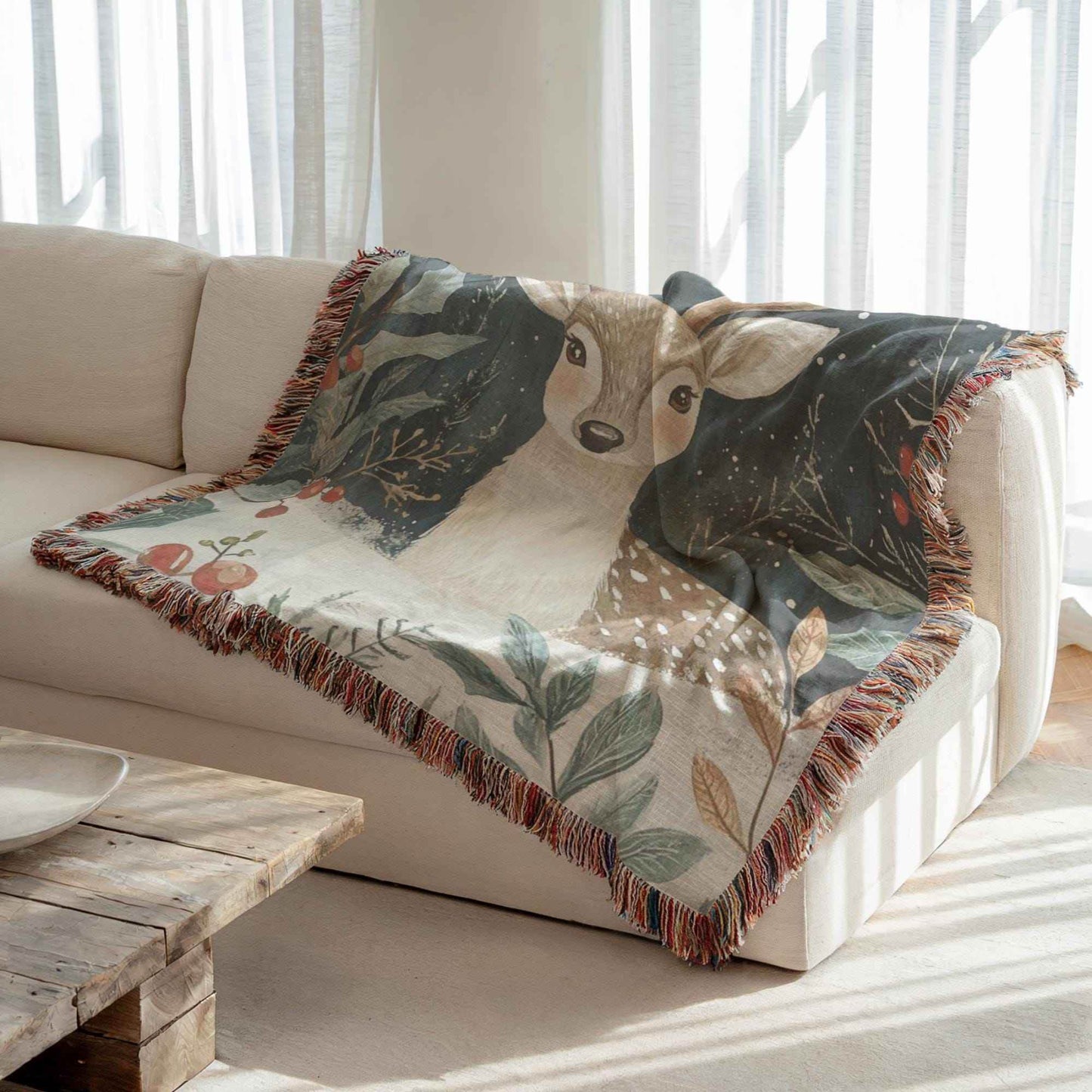 Woodland Animal Throw | Cozy Winter Blanket With Bambi & Holly Design - Rustic Cotton - timelessbohochic.com