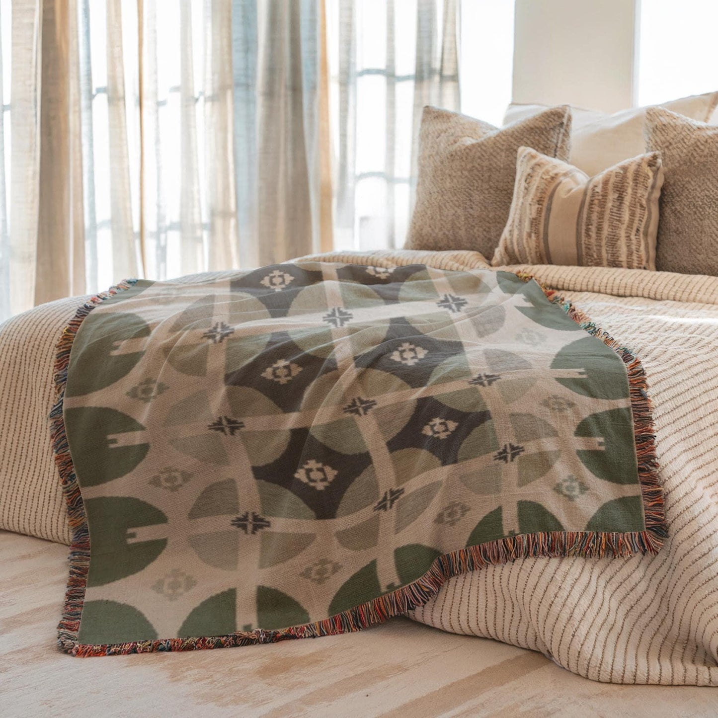 Woven Cotton Blanket – Sage Green Throw | Modern Home Decor, Geometric Design