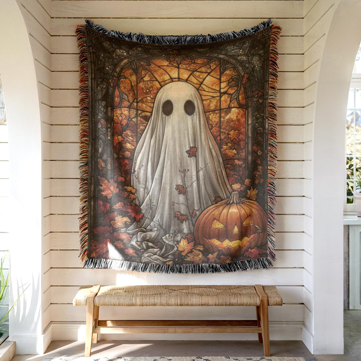Halloween Ghost Tapestry - Stained Glass Pumpkin Wall Art | Cozy Cotton Throw