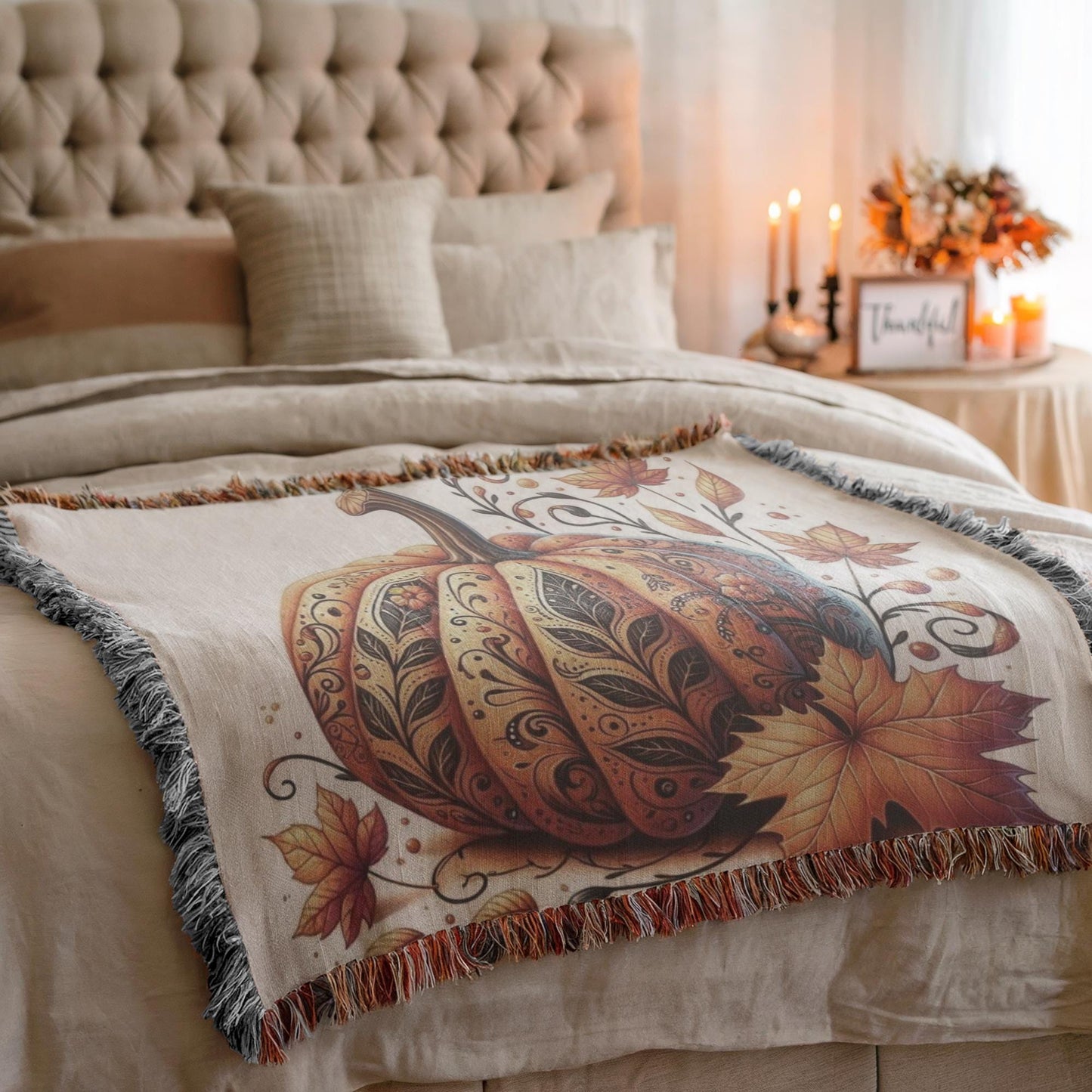 Thanksgiving Pumpkin Blanket - Woven Throw With Tattooed Pumpkin Design, Cozy Fall Decor