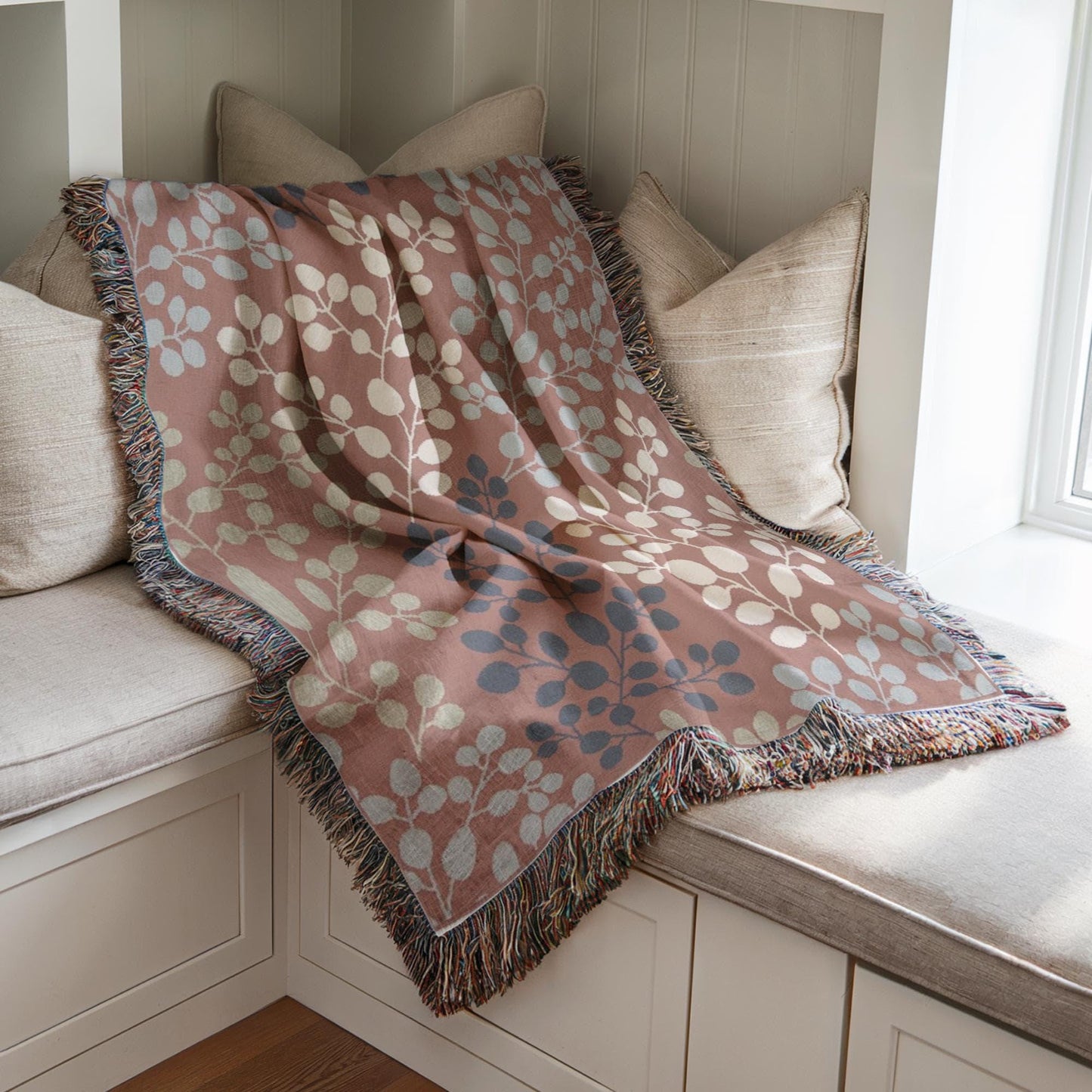 Woven Floral Blanket - Japanese Style Throw With Fringed Edges | Minimalist Home Decor
