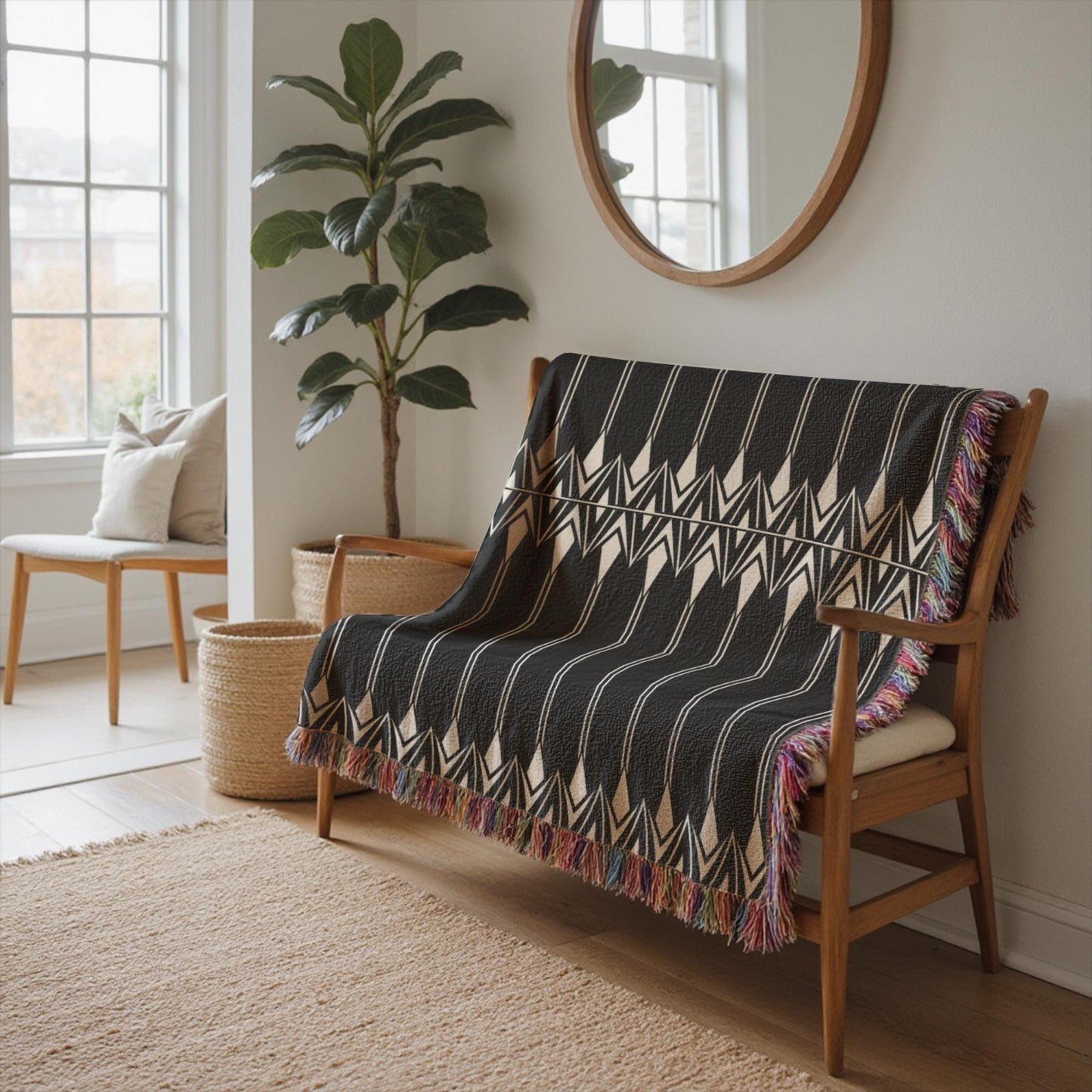 Cotton Blanket - Boho Couch Throw With Striped Woven Coverlet & Colorful Fringed Edges