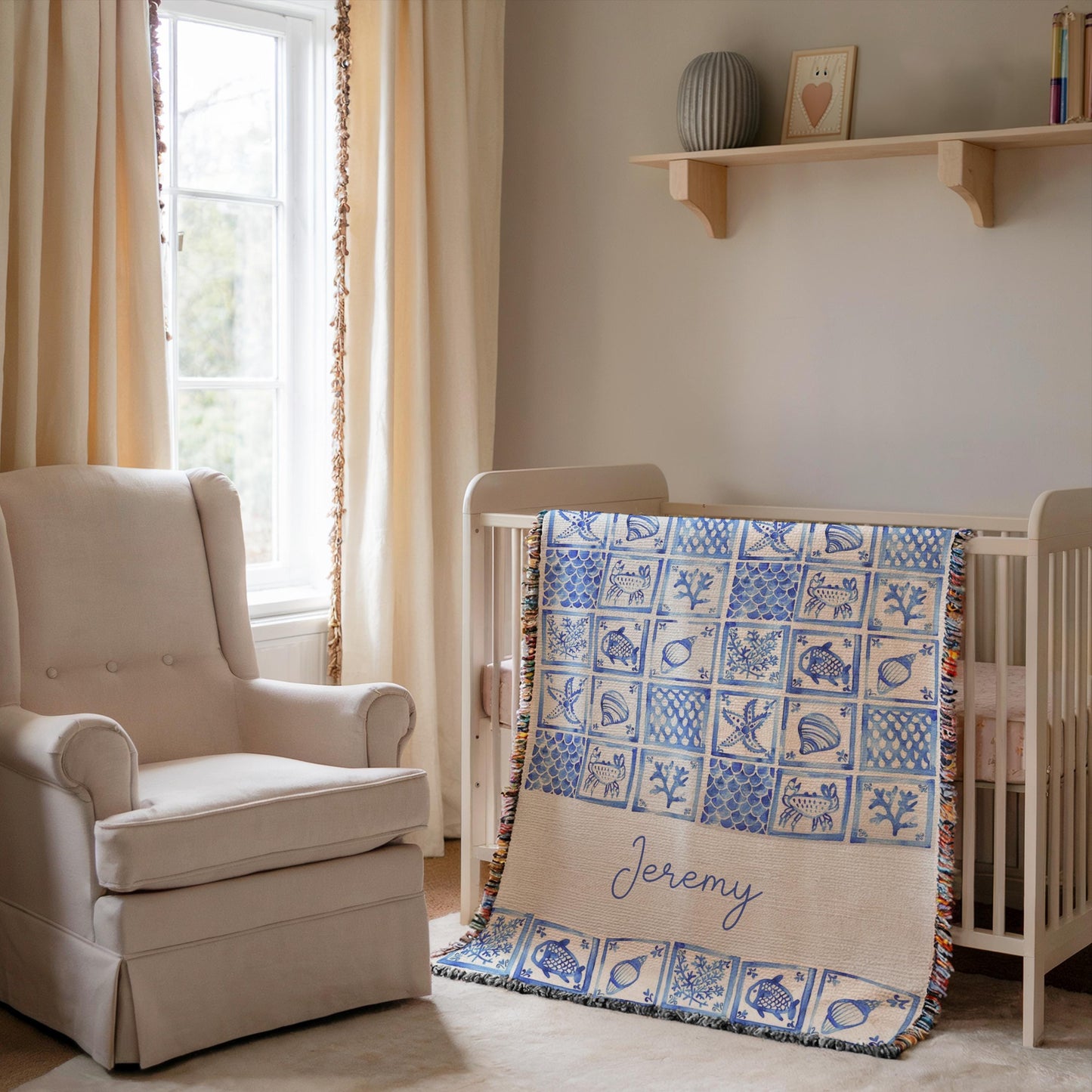 Personalized Baby Blanket - Custom Woven Ocean Nursery Decor | Sea Creatures Design, Cotton Quilt