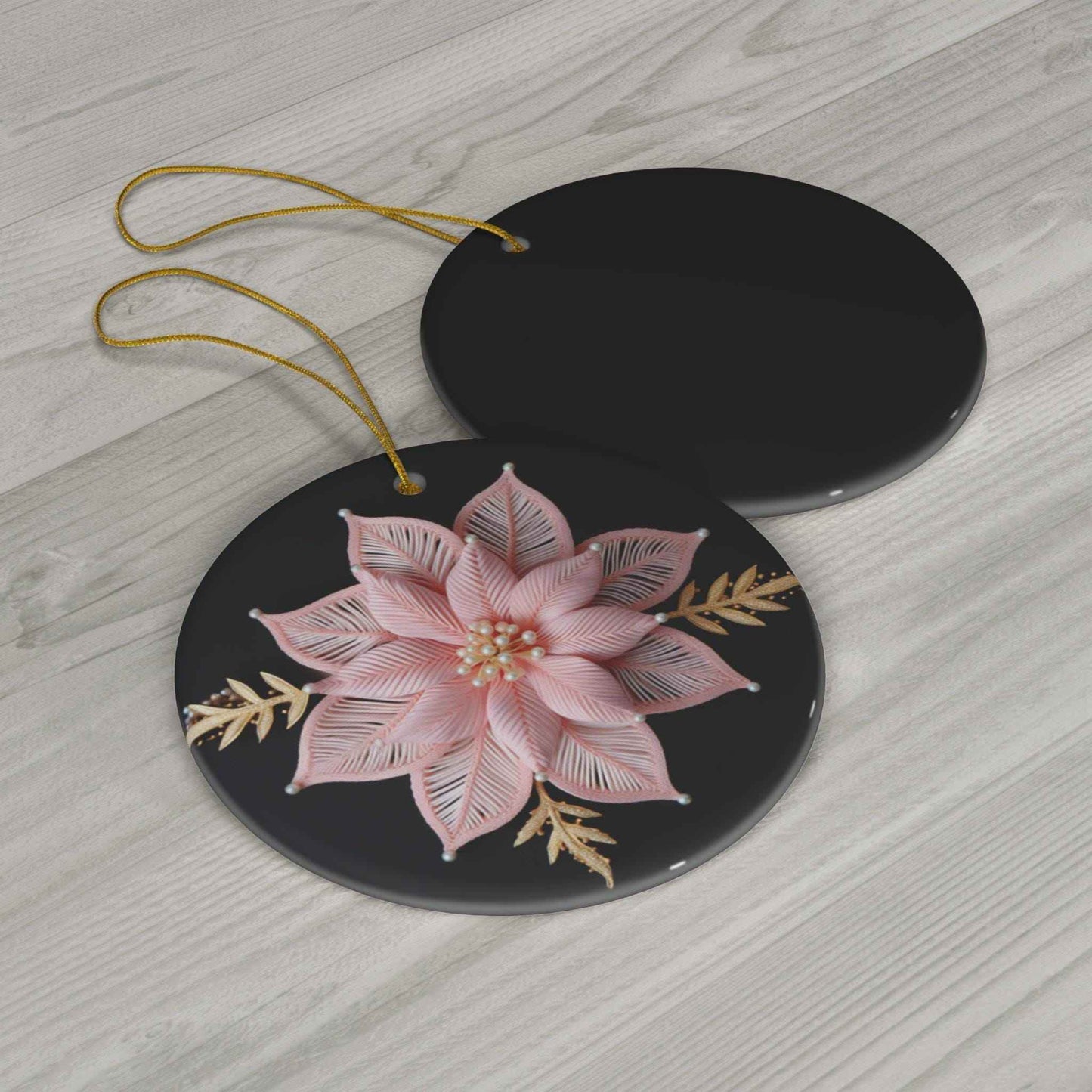 Pink Poinsettia Ornament - Gold Accented Ceramic Christmas Decoration Gift - timelessbohochic.com
