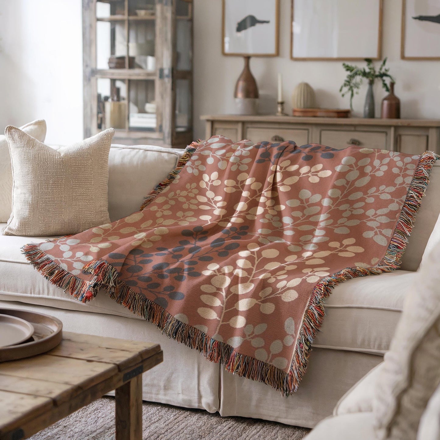 Woven Floral Blanket - Japanese Style Throw With Fringed Edges | Minimalist Home Decor