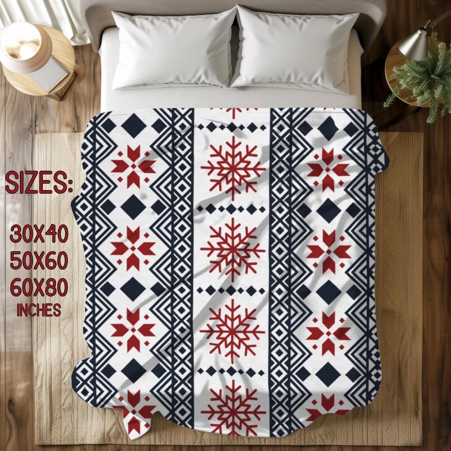 Scandinavian Fleece Throw - Red Black Snowflake Plush Velveteen Blanket Cozy Winter