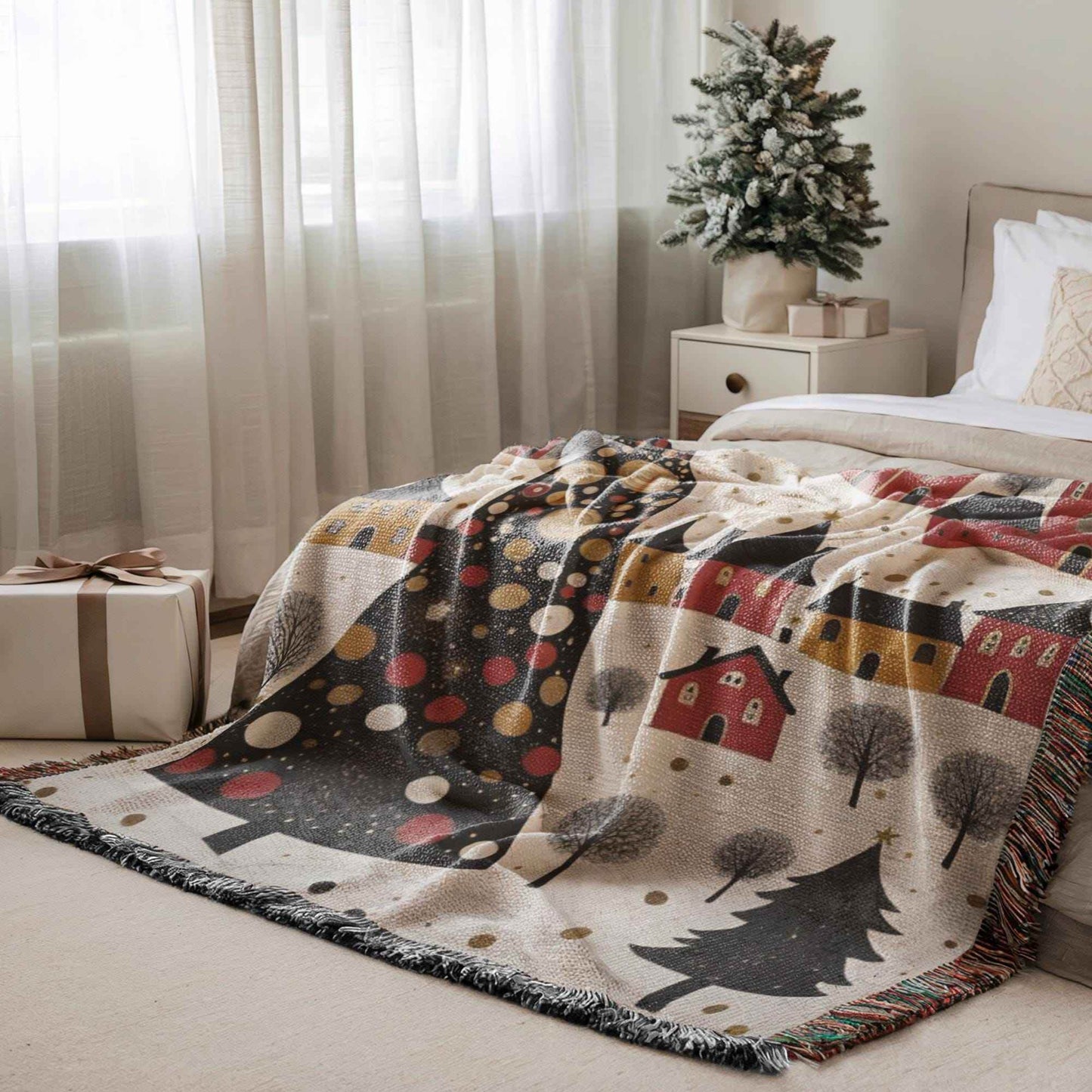 Christmas Village Throw – Cozy Cotton Holiday Bedding With Festive Folk Art Blanket - timelessbohochic.com