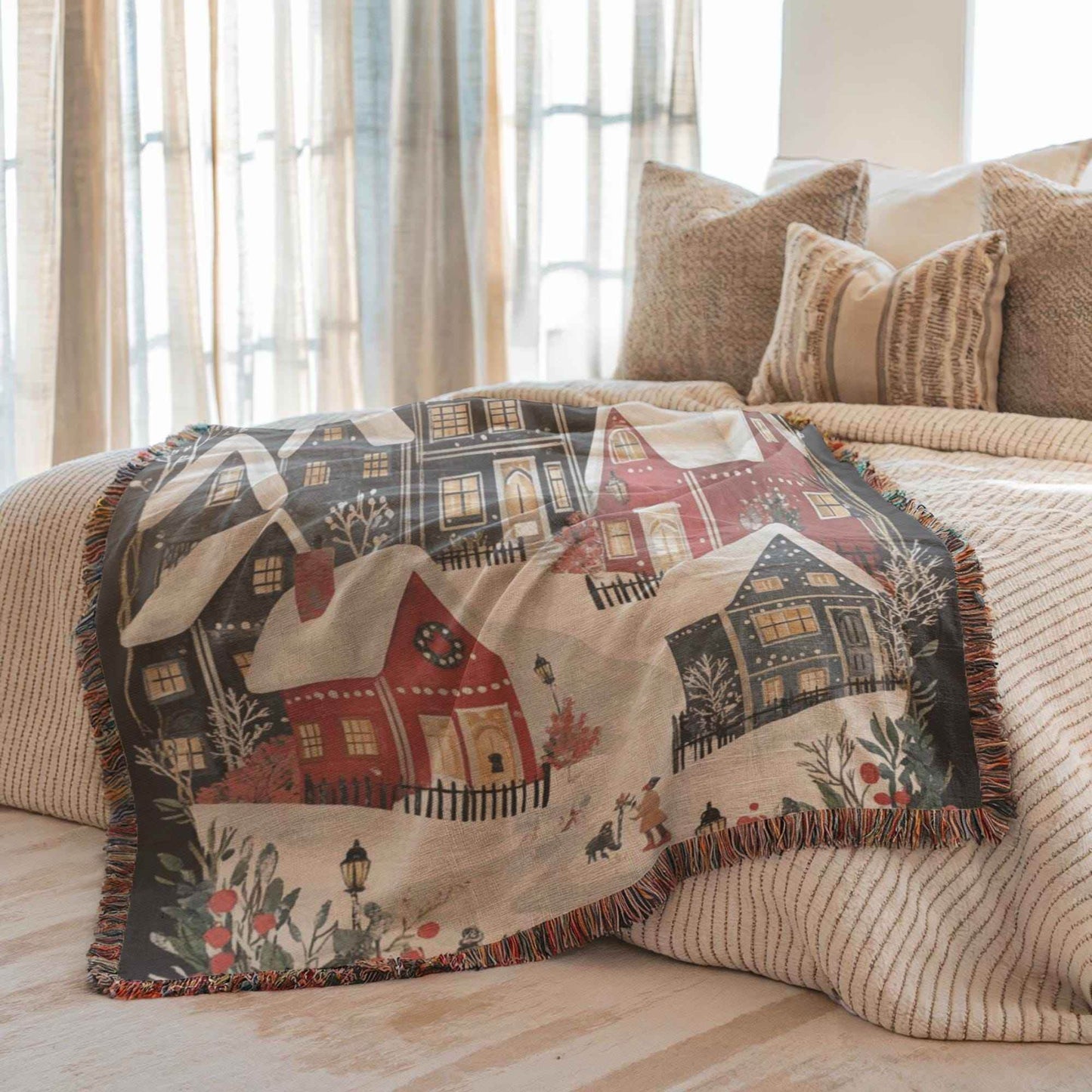 Holiday Cotton Throw - Woven Christmas Village Blanket | Cozy Seasonal Bedroom Accent - timelessbohochic.com