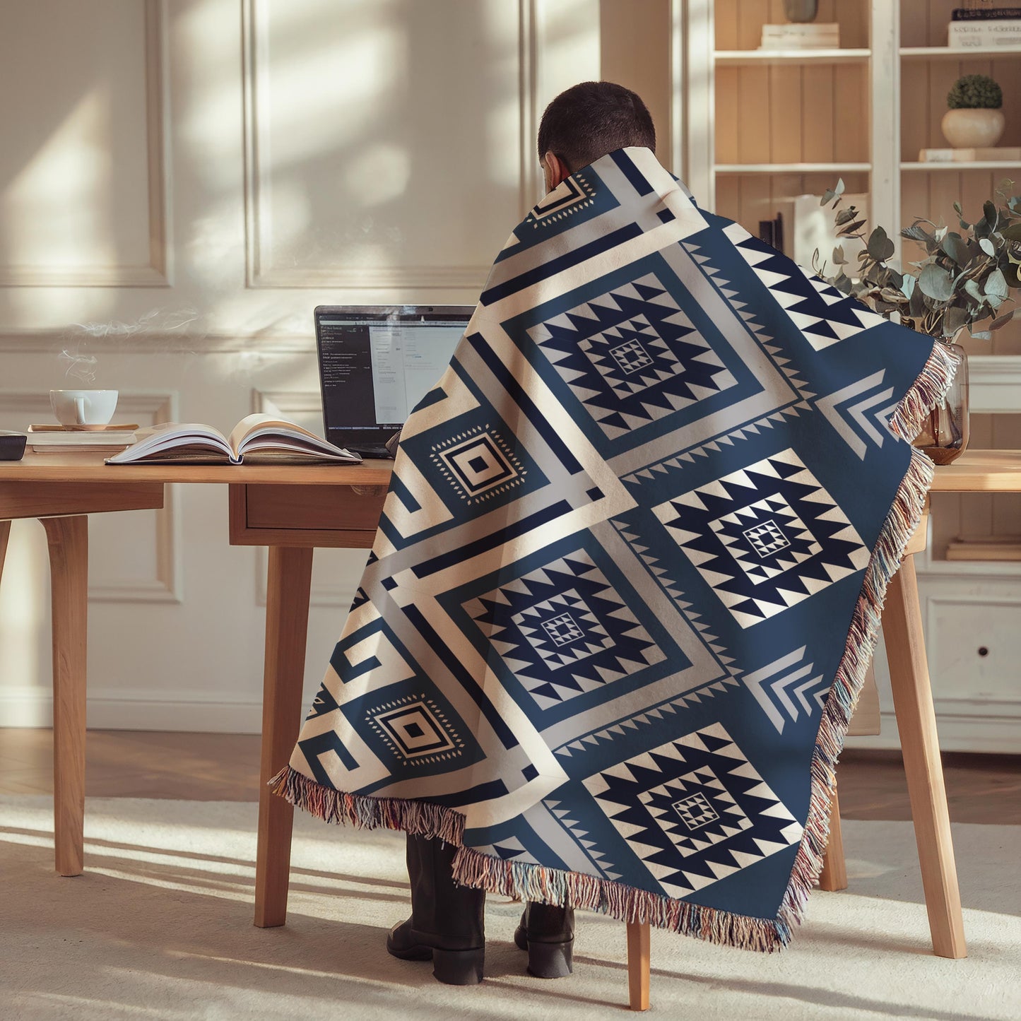 Aztec Throw Blanket – Cotton Tribal Office Chair Throw With Fringed Edges