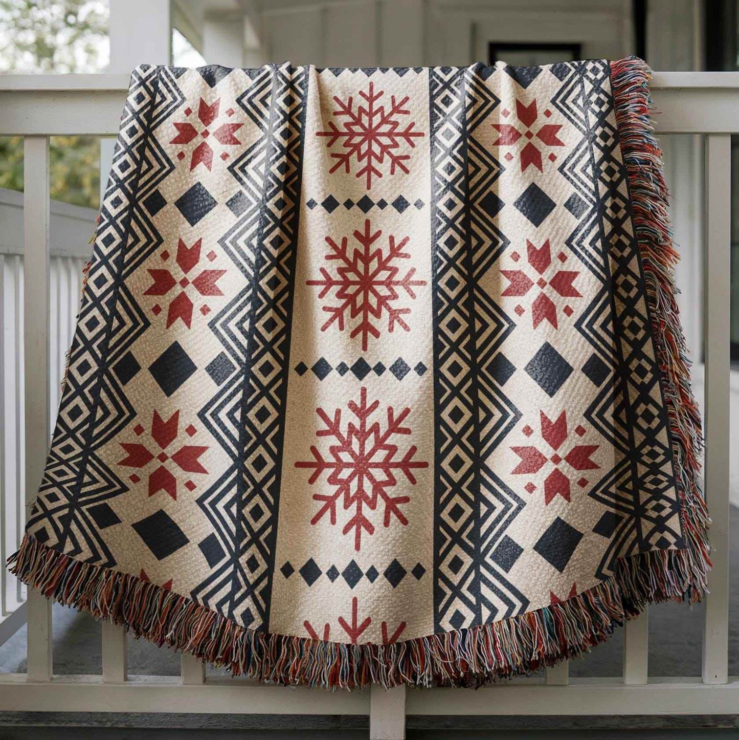 Nordic Snowflake Blanket – Red Black Cotton Throw With Fringe | Cozy Winter Decor - timelessbohochic.com
