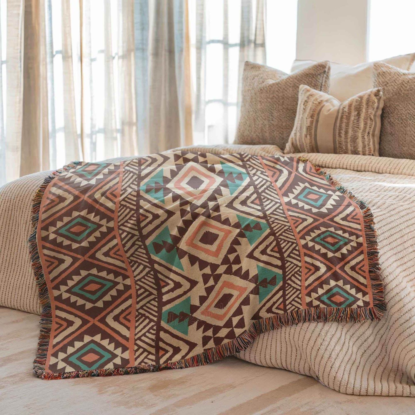 Tribal Patterned Throw Blanket – Woven Cotton Navajo Style, Soft Warm Coverlet - timelessbohochic.com