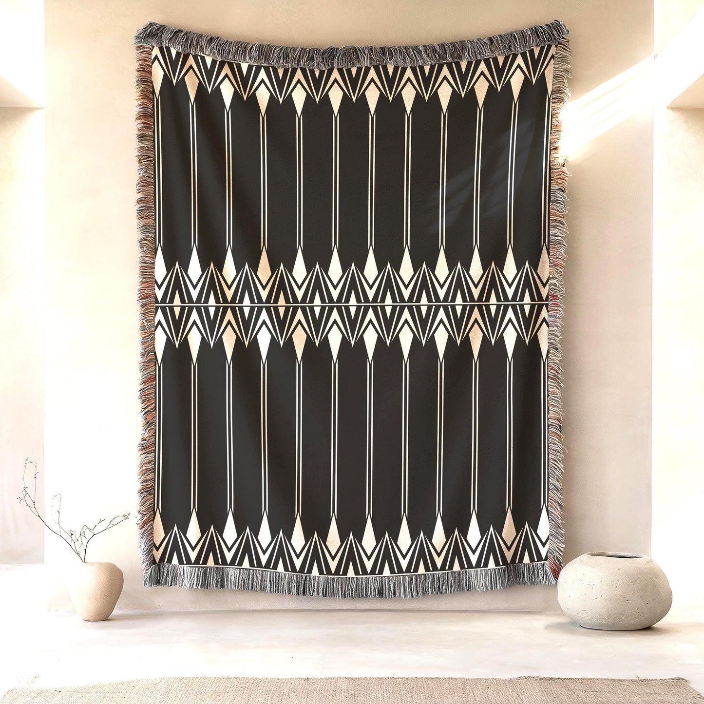 Black White Tapestry – Modern Wall Art Boho Hanging with Geometric Cotton Coverlet