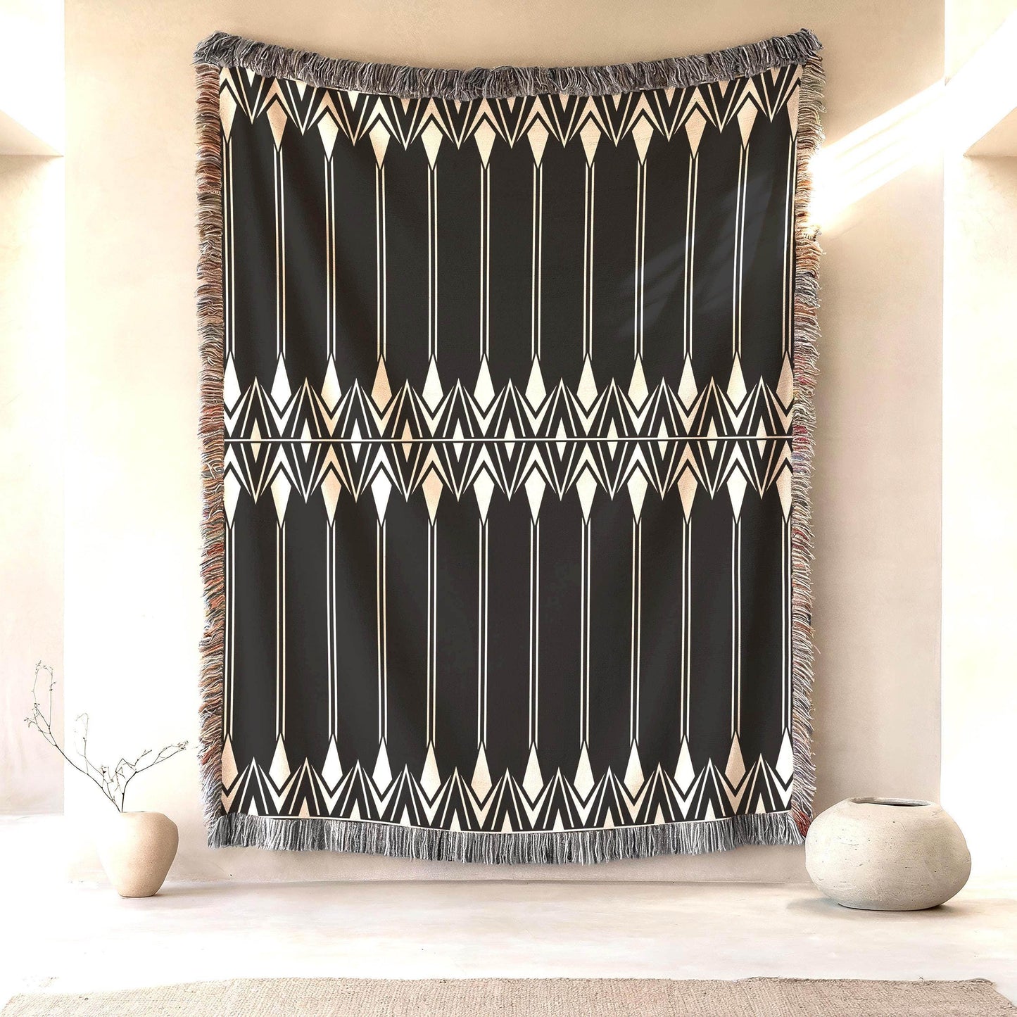 Black White Tapestry – Modern Wall Art Boho Hanging with Geometric Cotton Coverlet - timelessbohochic.com