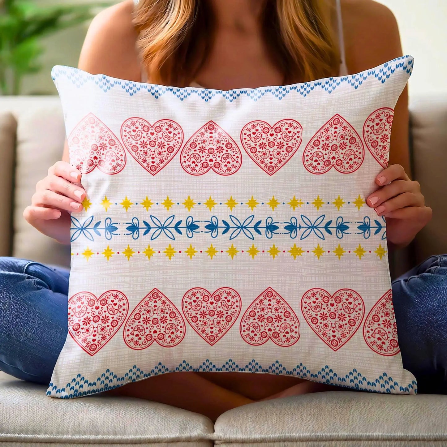 Scandi Woven Pillow – Nordic Decorative Cushion With Red Hearts & Yellow Stars