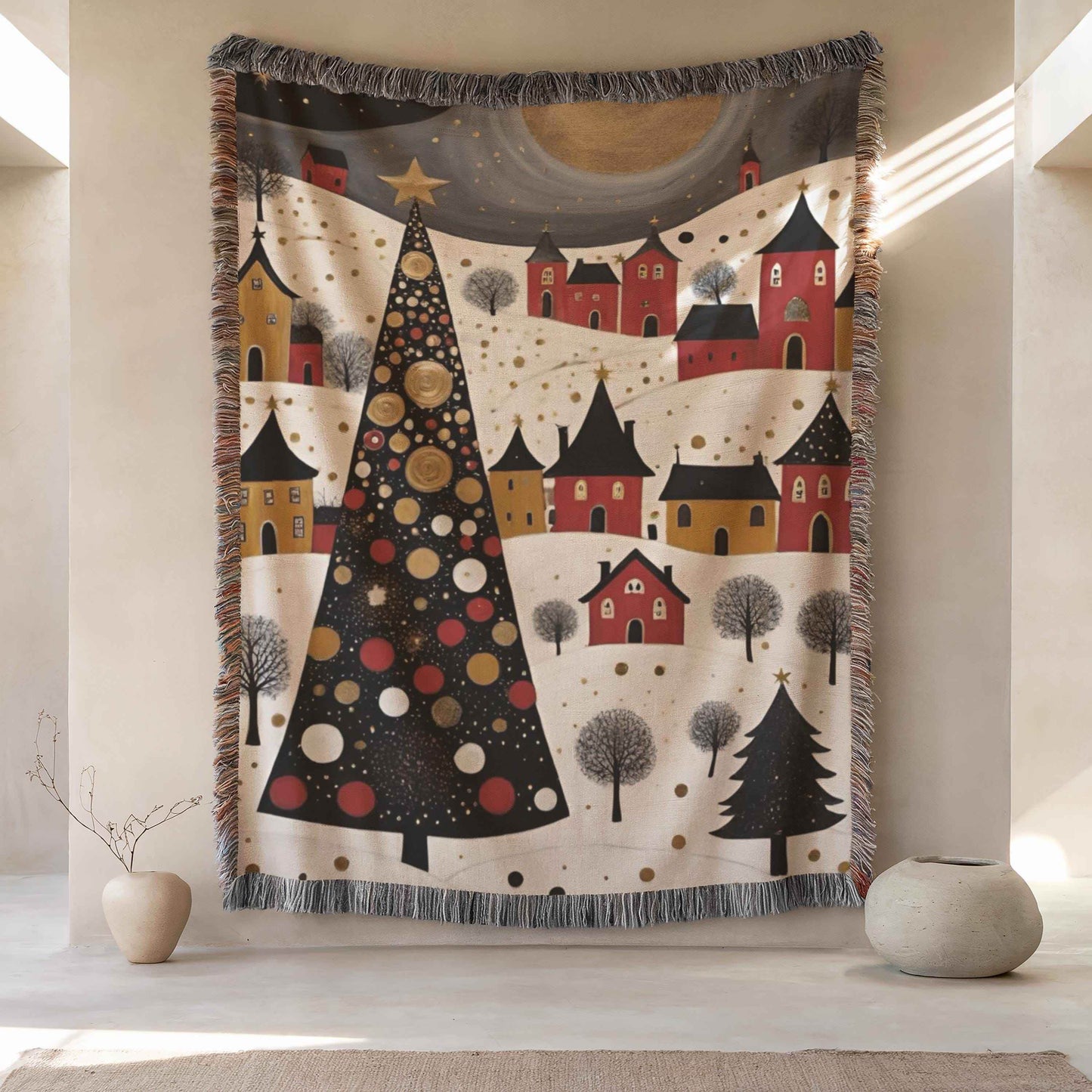 Christmas Village Tapestry - Cozy Cotton Blanket with Festive Wall Decor Accent - timelessbohochic.com