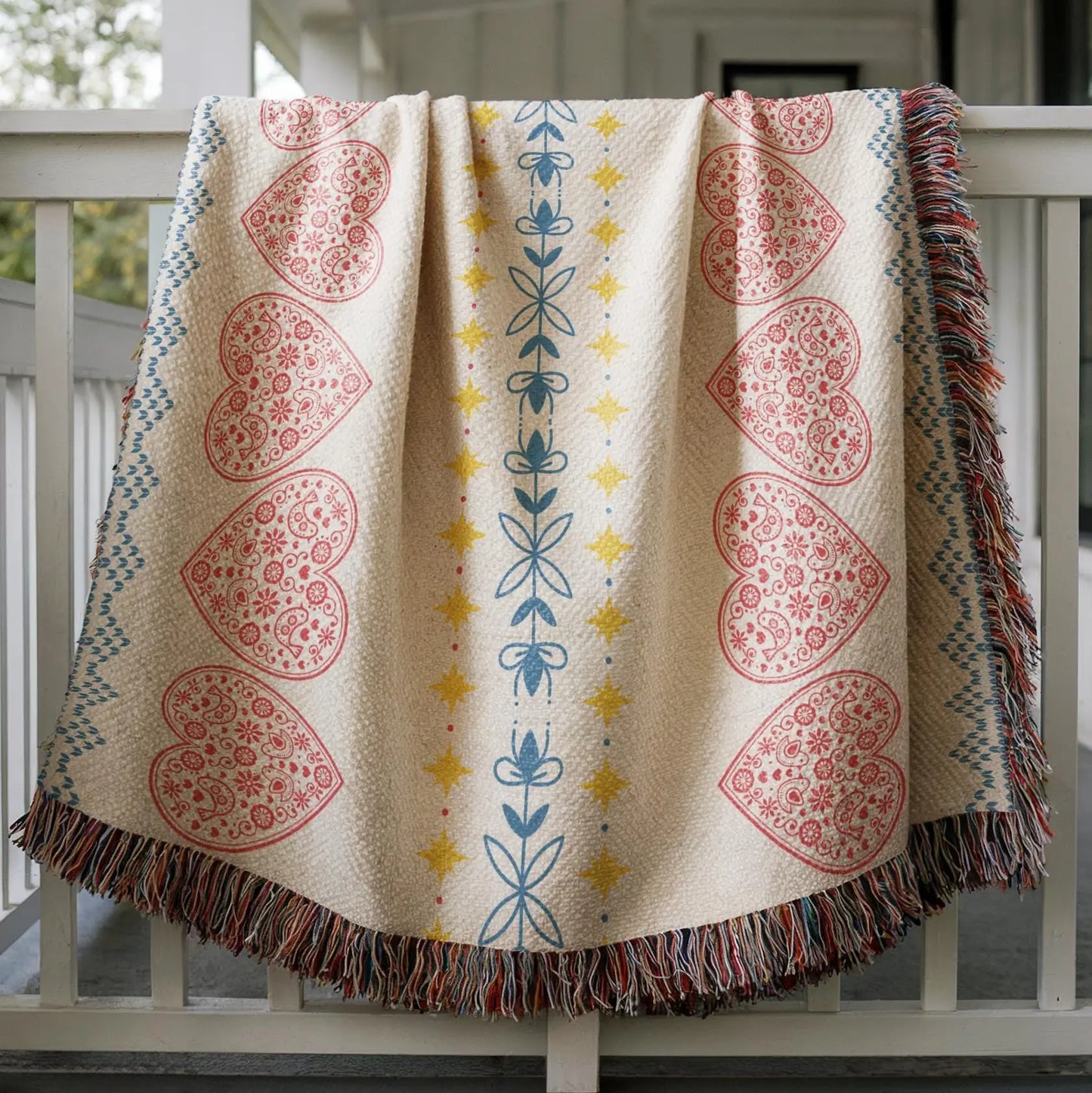 Cotton Woven Blanket – Swedish Scandi Heart Throw with Nordic Star Design