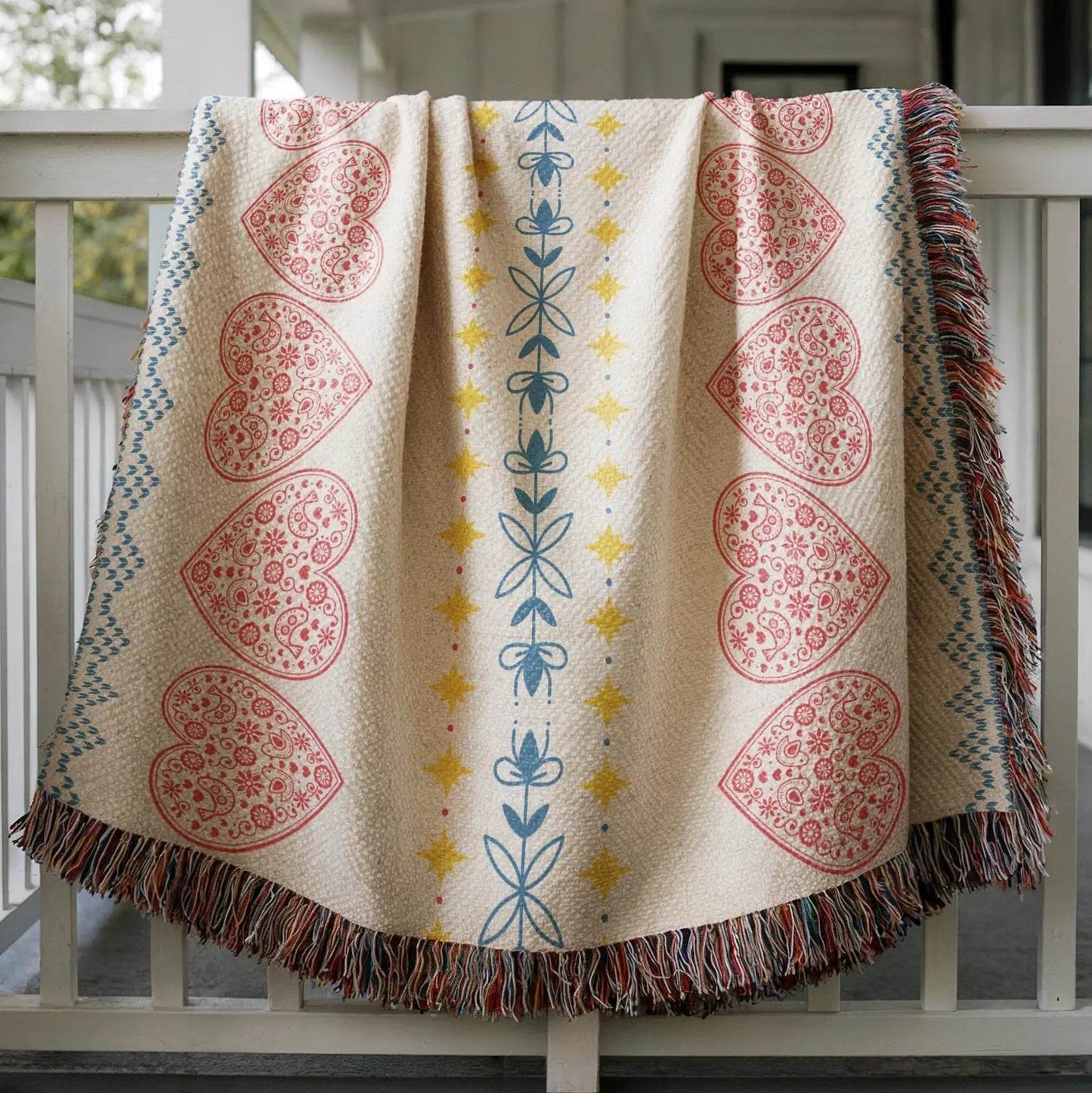 Cotton Woven Swedish Scandi Blanket – Heart Throw with Nordic Star Design - timelessbohochic.com