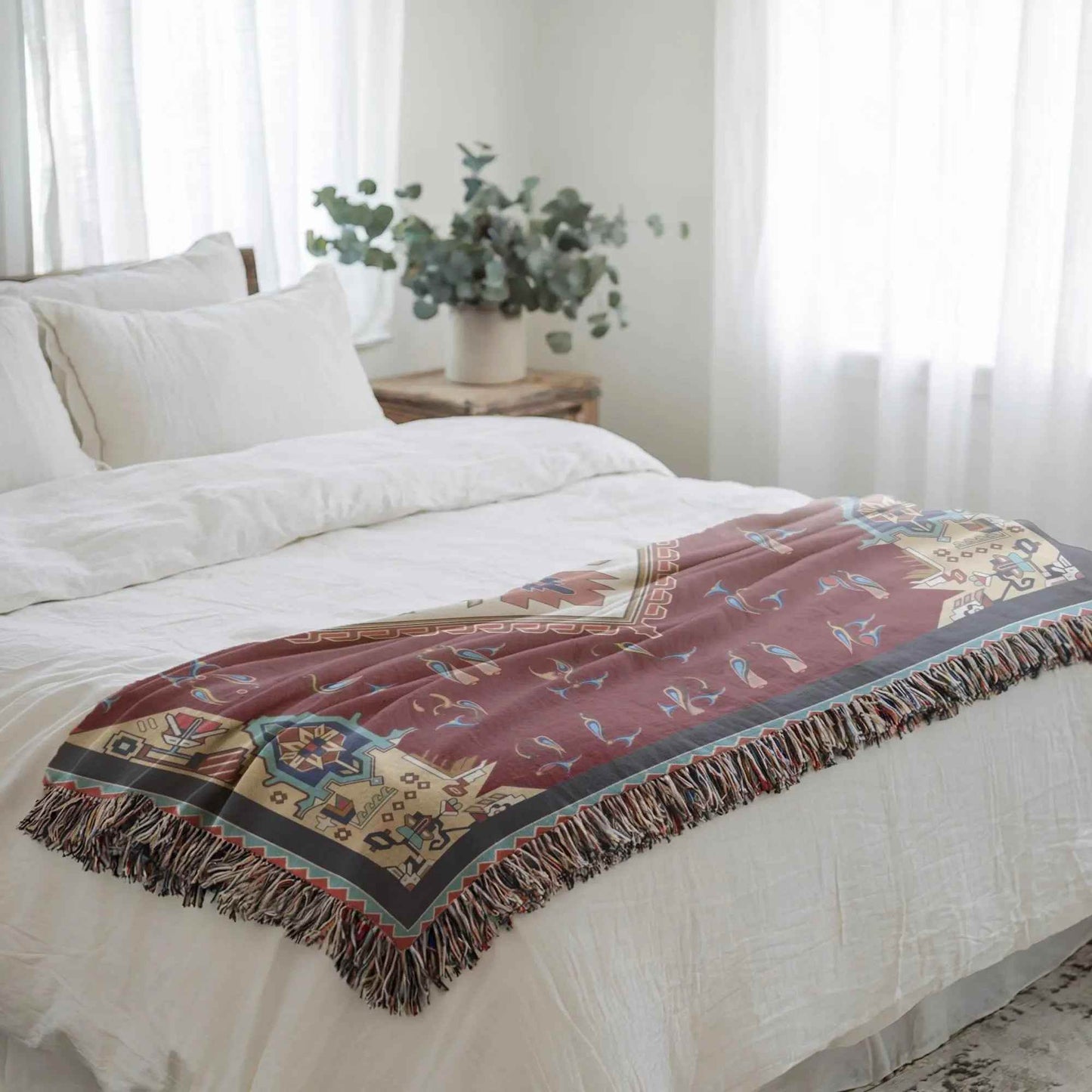 Anatolian Armenian Alphabet Throw Blanket - Cotton Woven with Fringed Edge - timelessbohochic.com