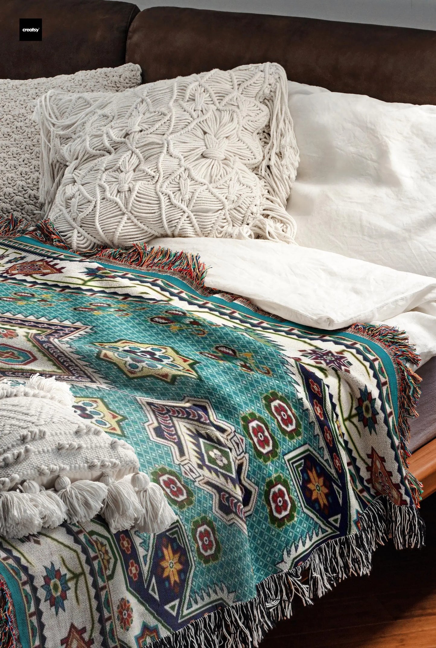 Cotton Throw Blanket - Persian Rug Throw with Pink Green Blanket, Boho Woven Bedspread