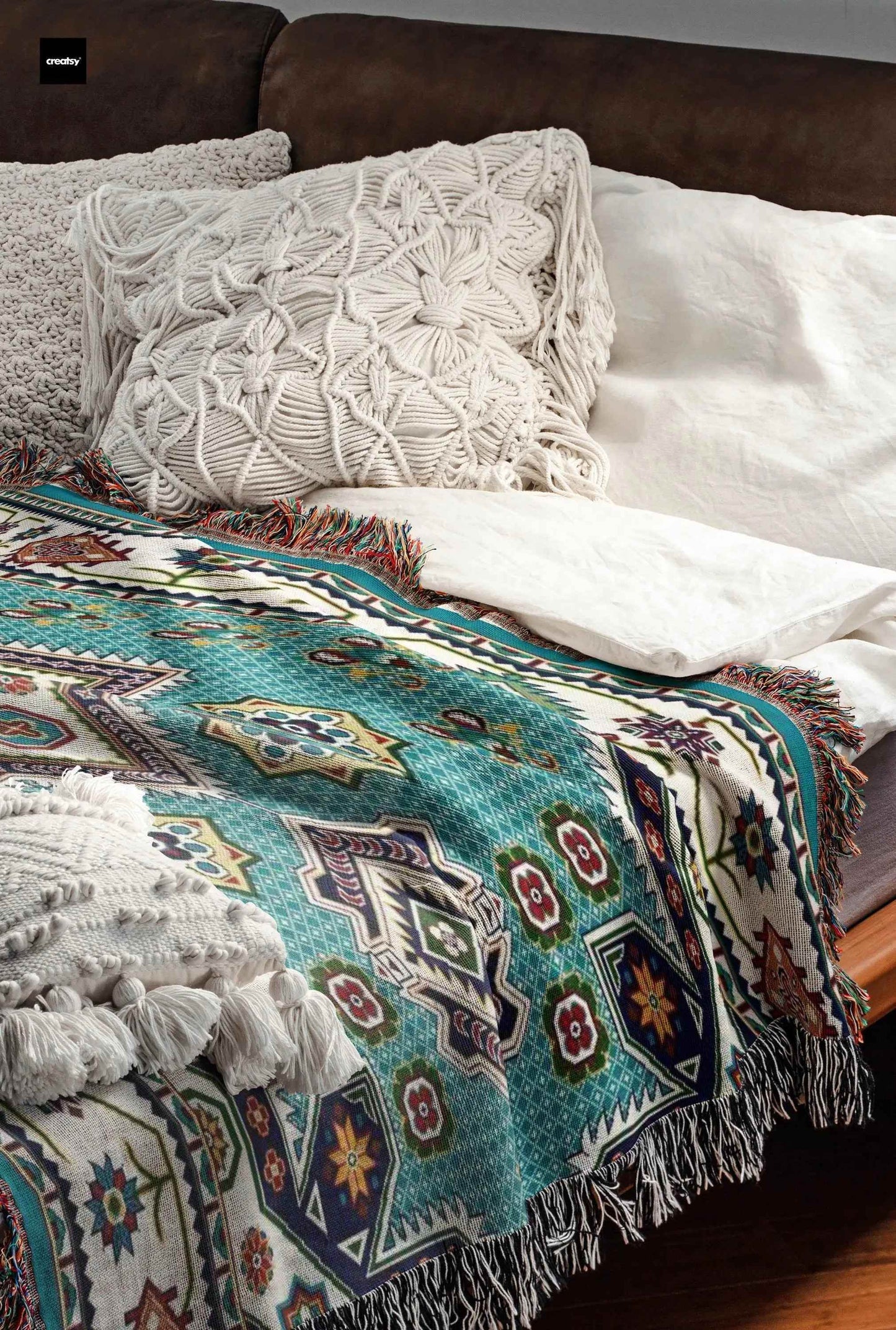 Cotton Throw Blanket - Persian Rug Throw with Pink Green Blanket, Boho Woven Bedspread - timelessbohochic.com
