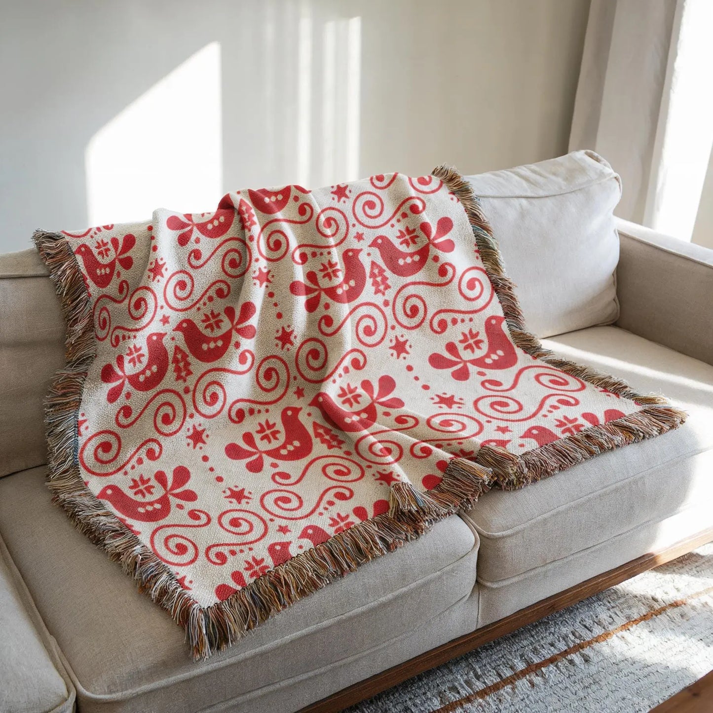 Woven Cotton Blanket – Scandinavian Decor Soft Cotton Throw Blanket With Bird Motif