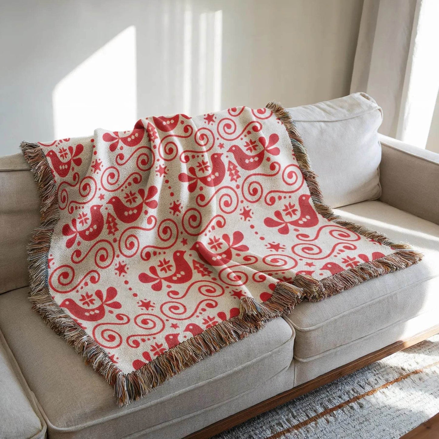 Woven Cotton Blanket – Scandinavian Decor Soft Cotton Throw Blanket With Bird Motif - timelessbohochic.com