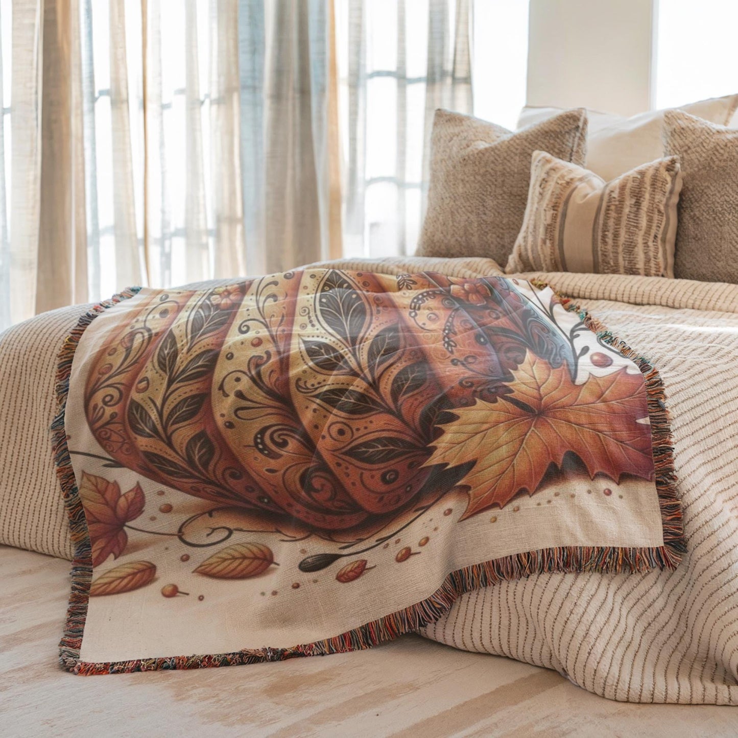 Thanksgiving Pumpkin Blanket - Cozy Cotton Woven Throw With Fringed Edges