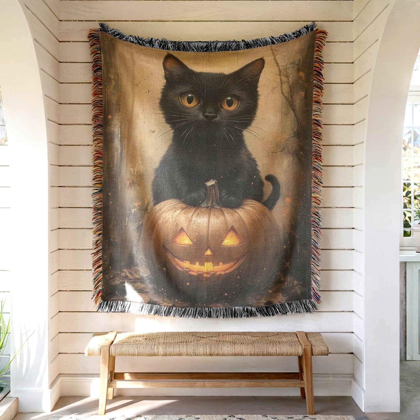 Halloween Throw Blanket – Woven Cotton Cozy Fall Blanket with Black Cat Pumpkin Design