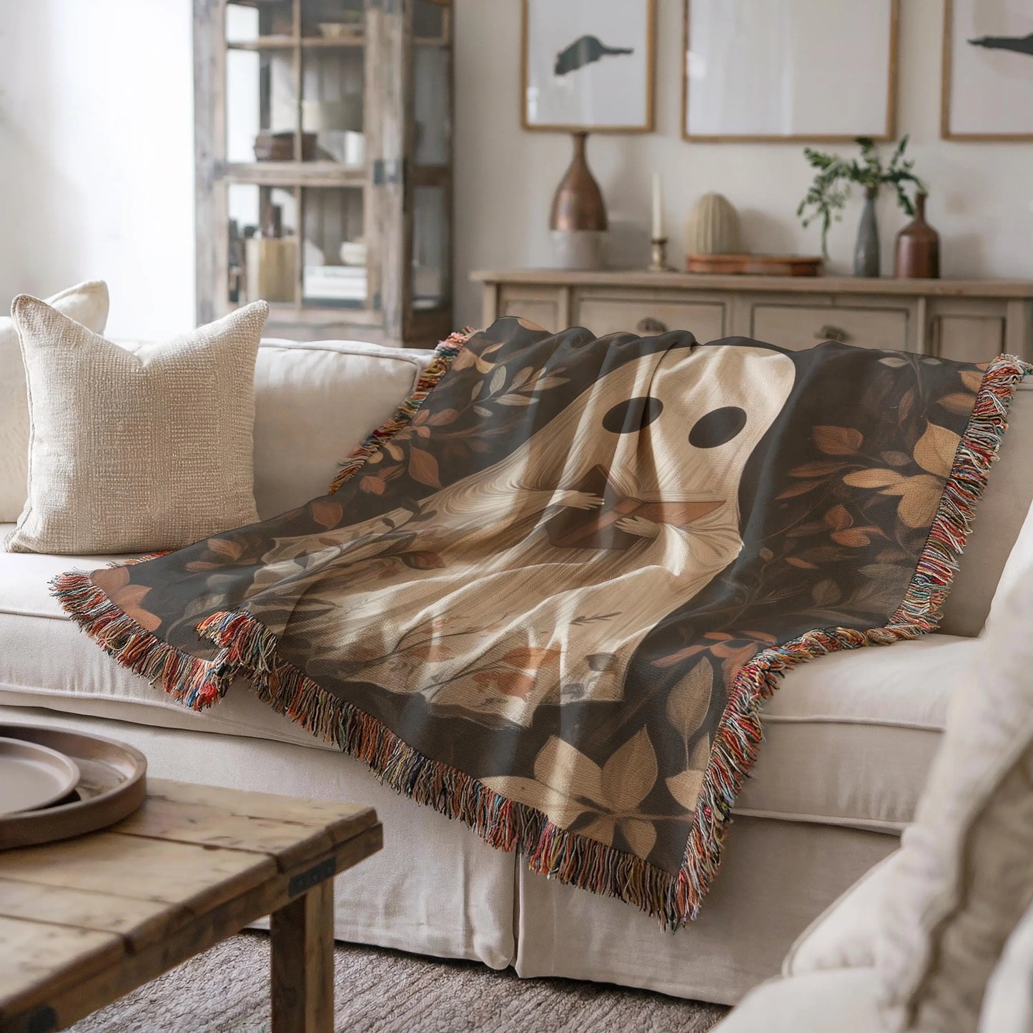 Cute Ghost Throw Blanket - Cozy Fall Cotton Woven Throw With Colorful Fringed Edges