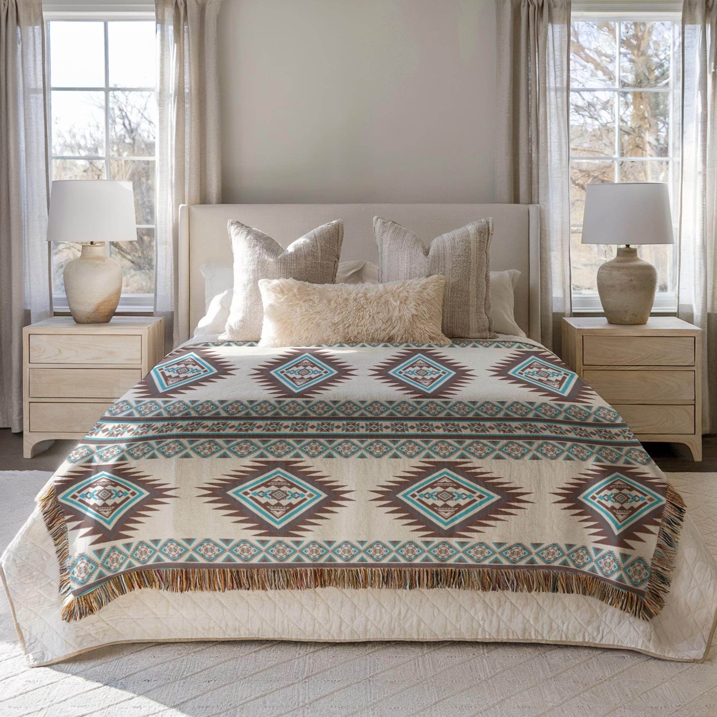 Native American Woven Blanket – Cozy Throw Blanket With Colorful Fringed Edges - timelessbohochic.com