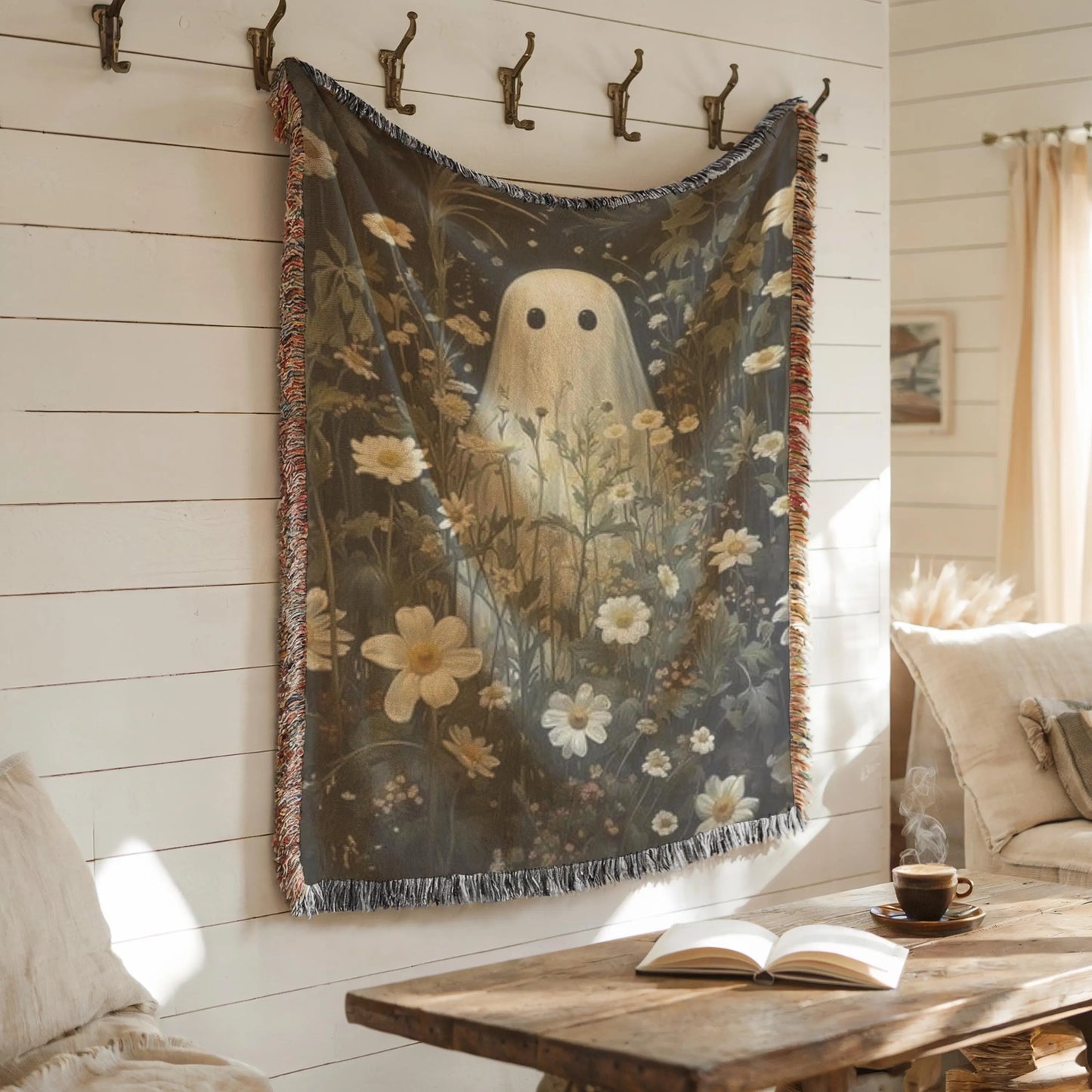 Woven Ghost Tapestry - Boho Gothic Throw With Floral Wildflower Decor