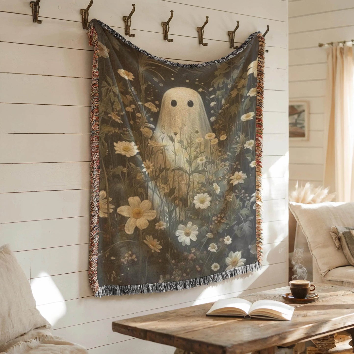 Woven Ghost Tapestry - Boho Gothic Throw With Floral Wildflower Decor - timelessbohochic.com