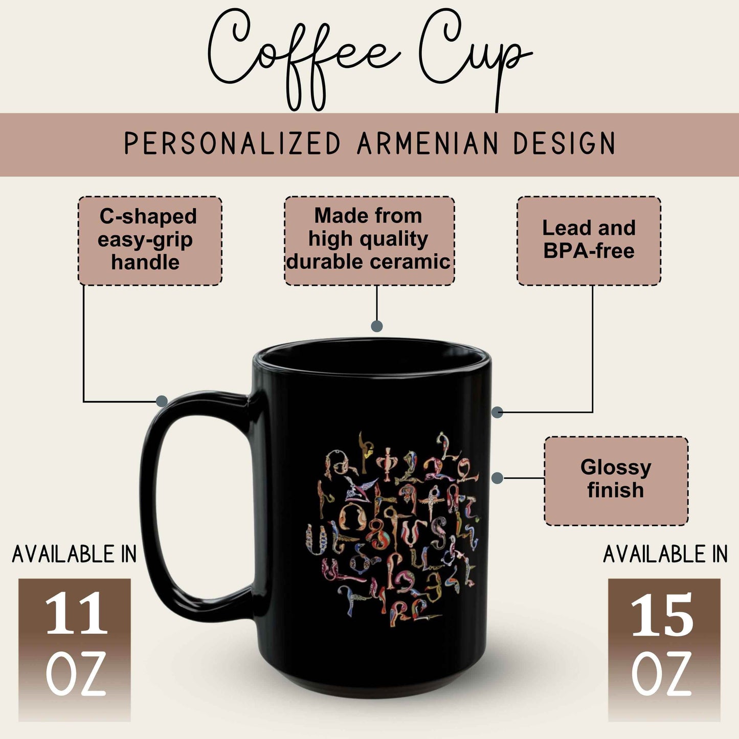 Armenian Alphabet Mug - Black Ceramic Coffee Cup With Bird Motif Design - timelessbohochic.com