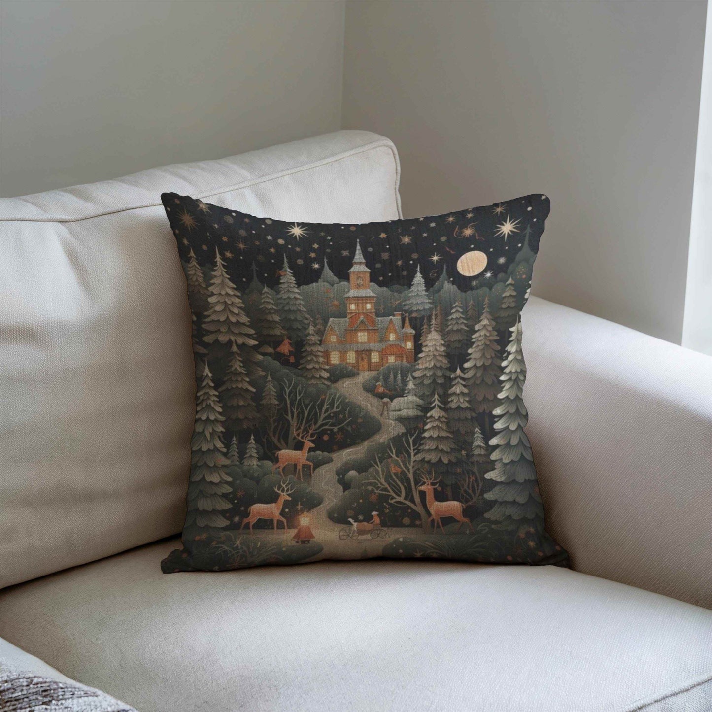 Folk Art Pillow Woven Throw Holiday Decor Cushion – Winter Castle Christmas Tree - timelessbohochic.com