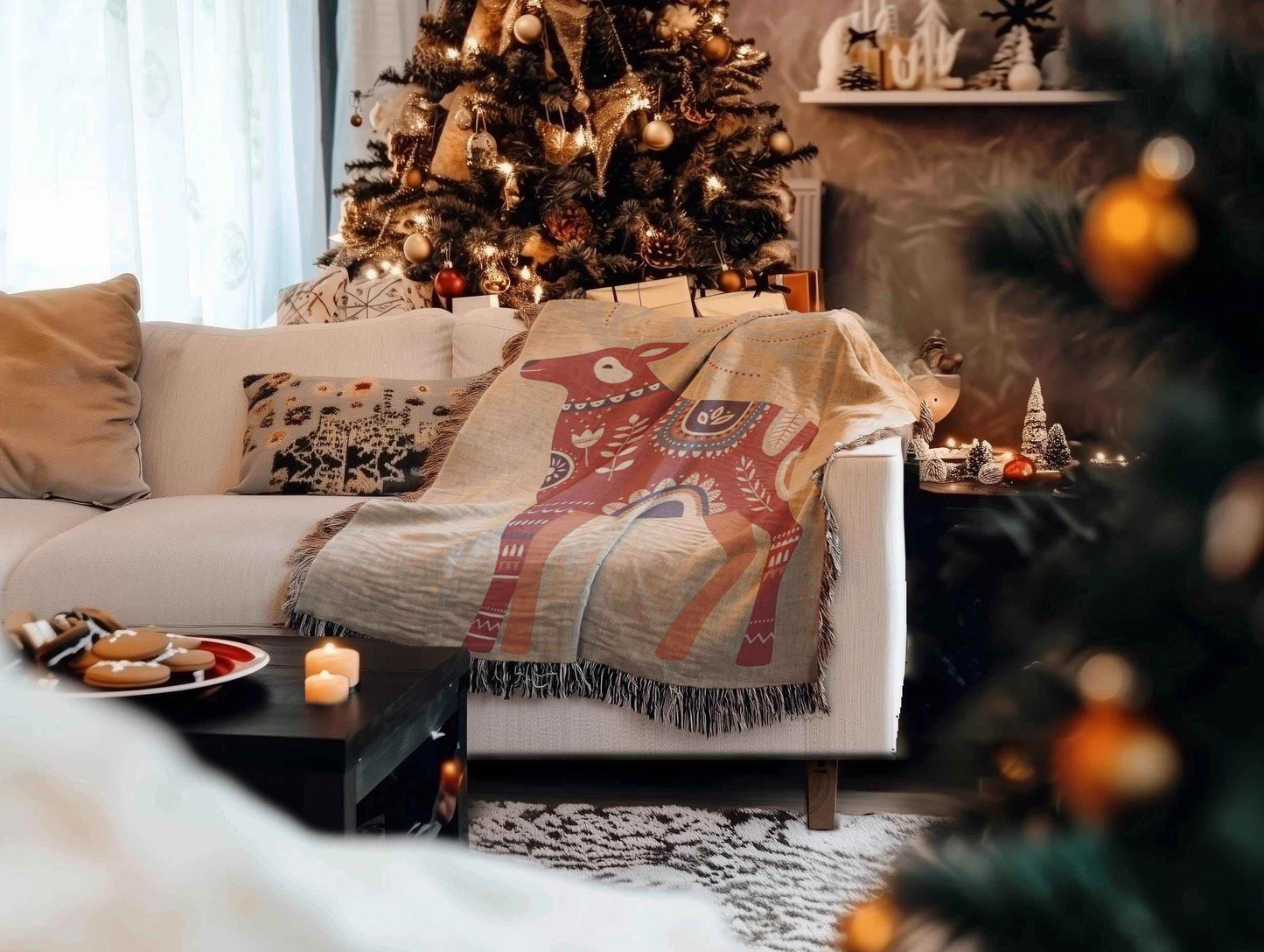Dala Reindeer Blanket - Scandinavian Throw With Colorful Fringe | Cozy Cotton Yarn - timelessbohochic.com