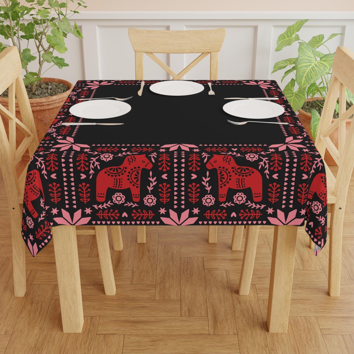 Scandi Dala Horse Tablecloth - Nordic Holiday Table Cover | Cozy Winter Dining Accent