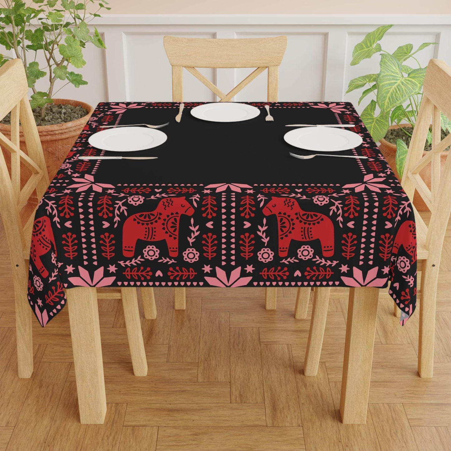 Scandi Dala Horse Tablecloth - Nordic Holiday Table Cover | Cozy Winter Dining Accent - timelessbohochic.com