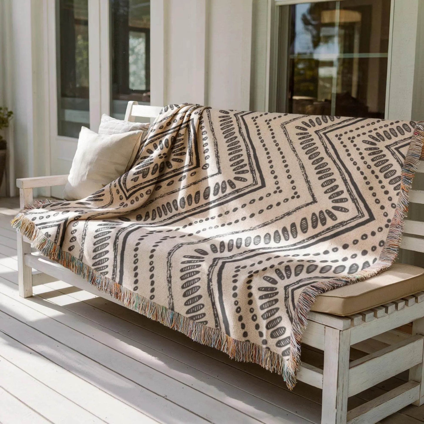 Woven Cotton Throw Blanket - Black White Tribal Ikat | Minimalist Geometric Decor - timelessbohochic.com